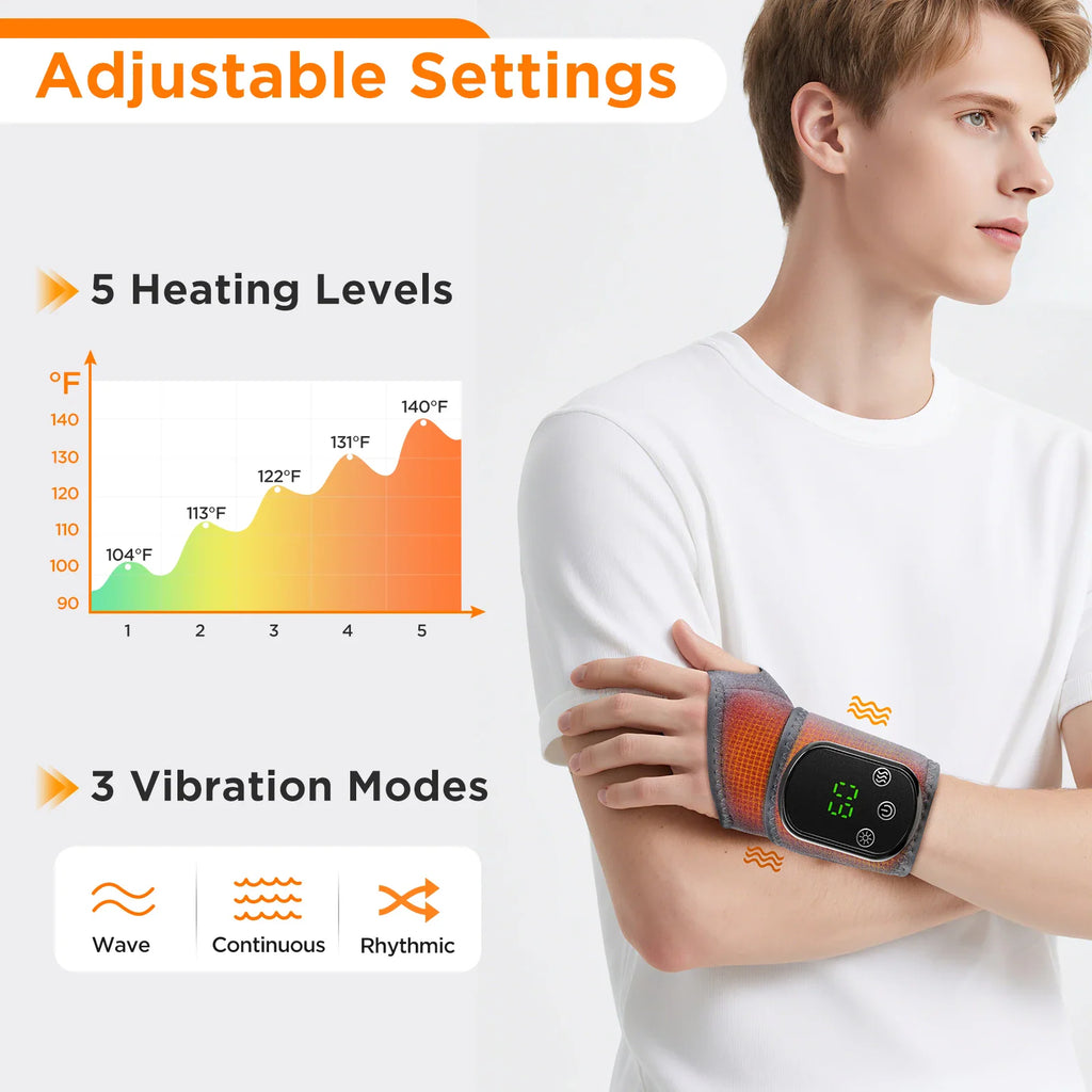 Man wearing a grey electric heated and vibration wrist massager with settings chart overlay.