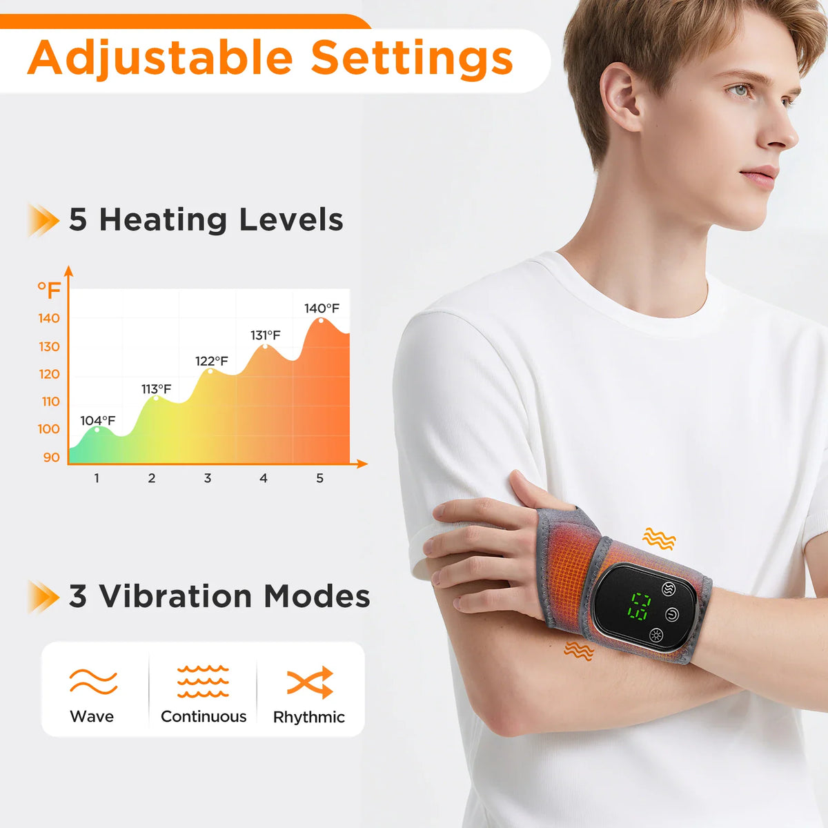 Man wearing a grey electric heated and vibration wrist massager with settings chart overlay.