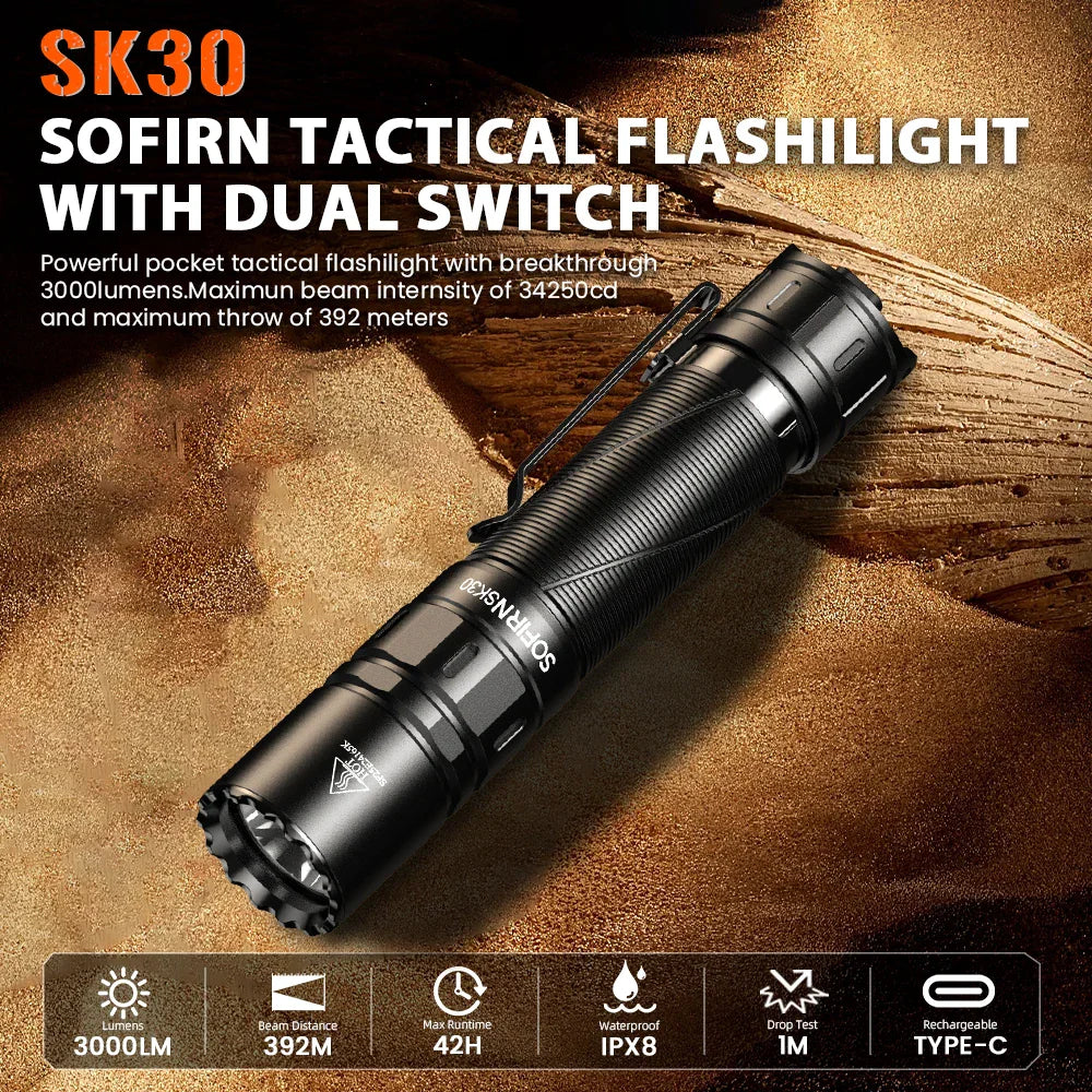 Black tactical flashlight with dual switch, 3000 lumens, waterproof, and rechargeable via USB-C