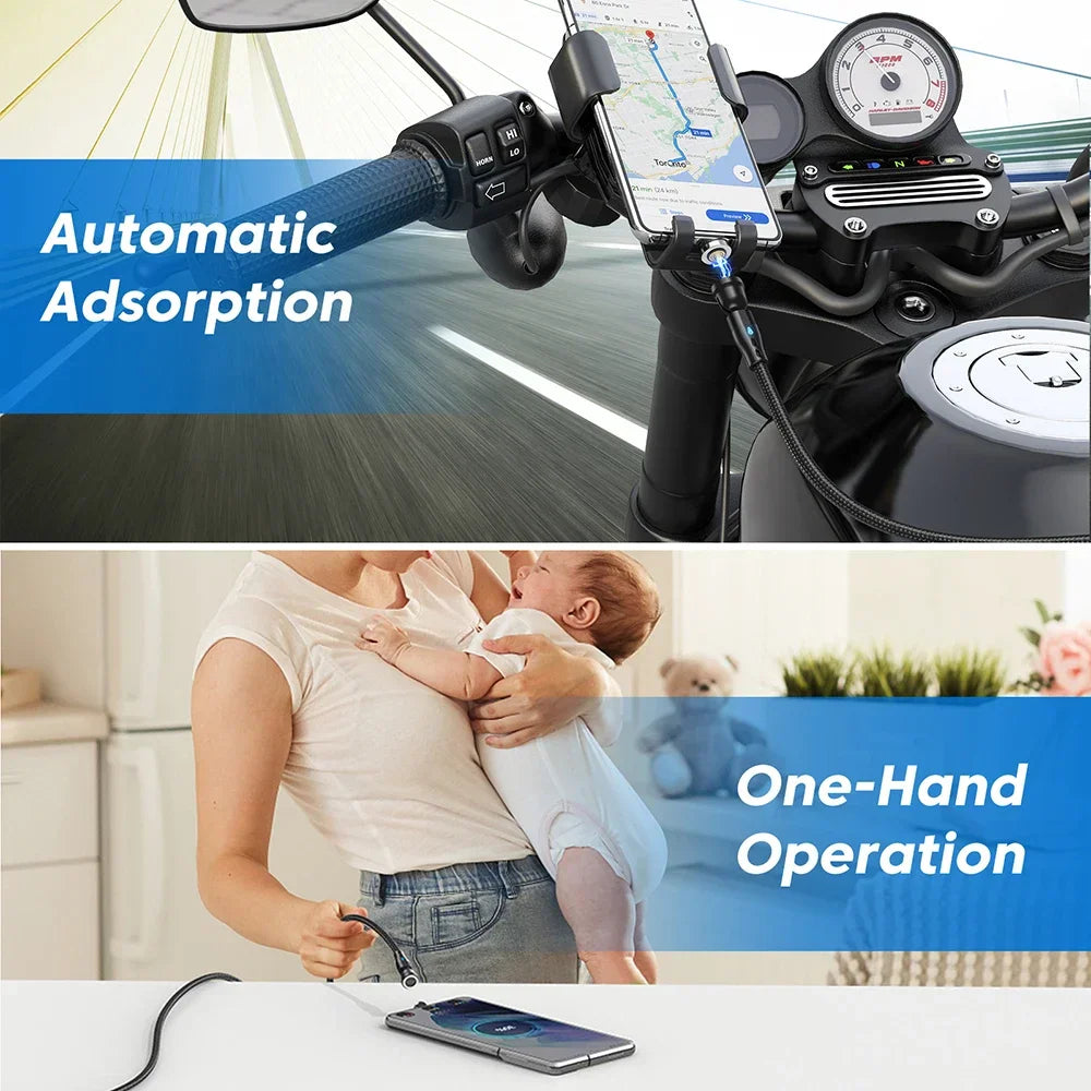 Magnetic charging cable used for one-handed operation on a motorcycle mount and while holding a baby