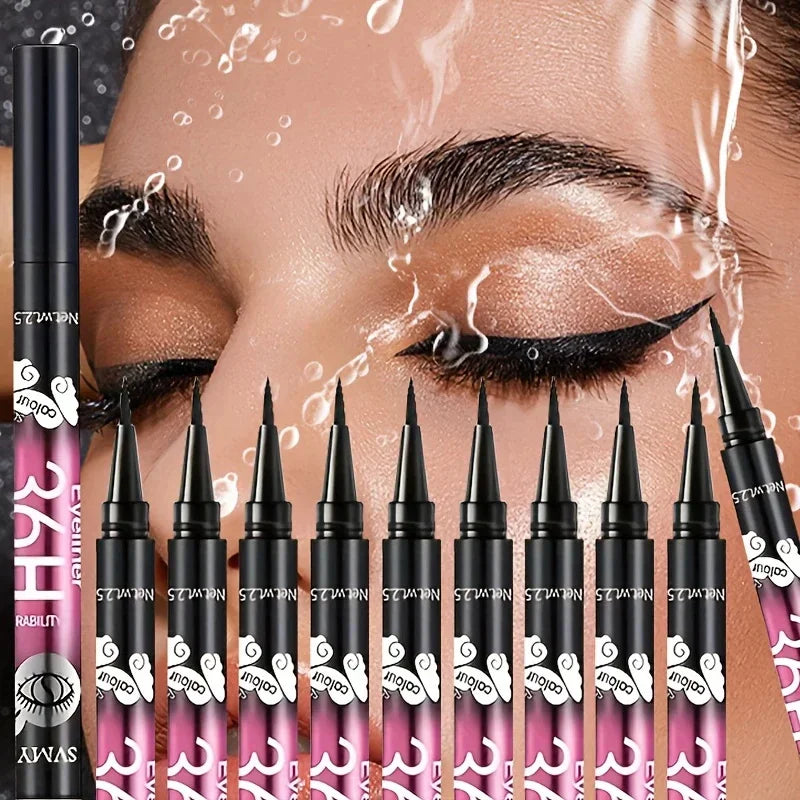 Group of black liquid eyeliner pens positioned over a close-up image of an eye with winged eyeliner and water droplets