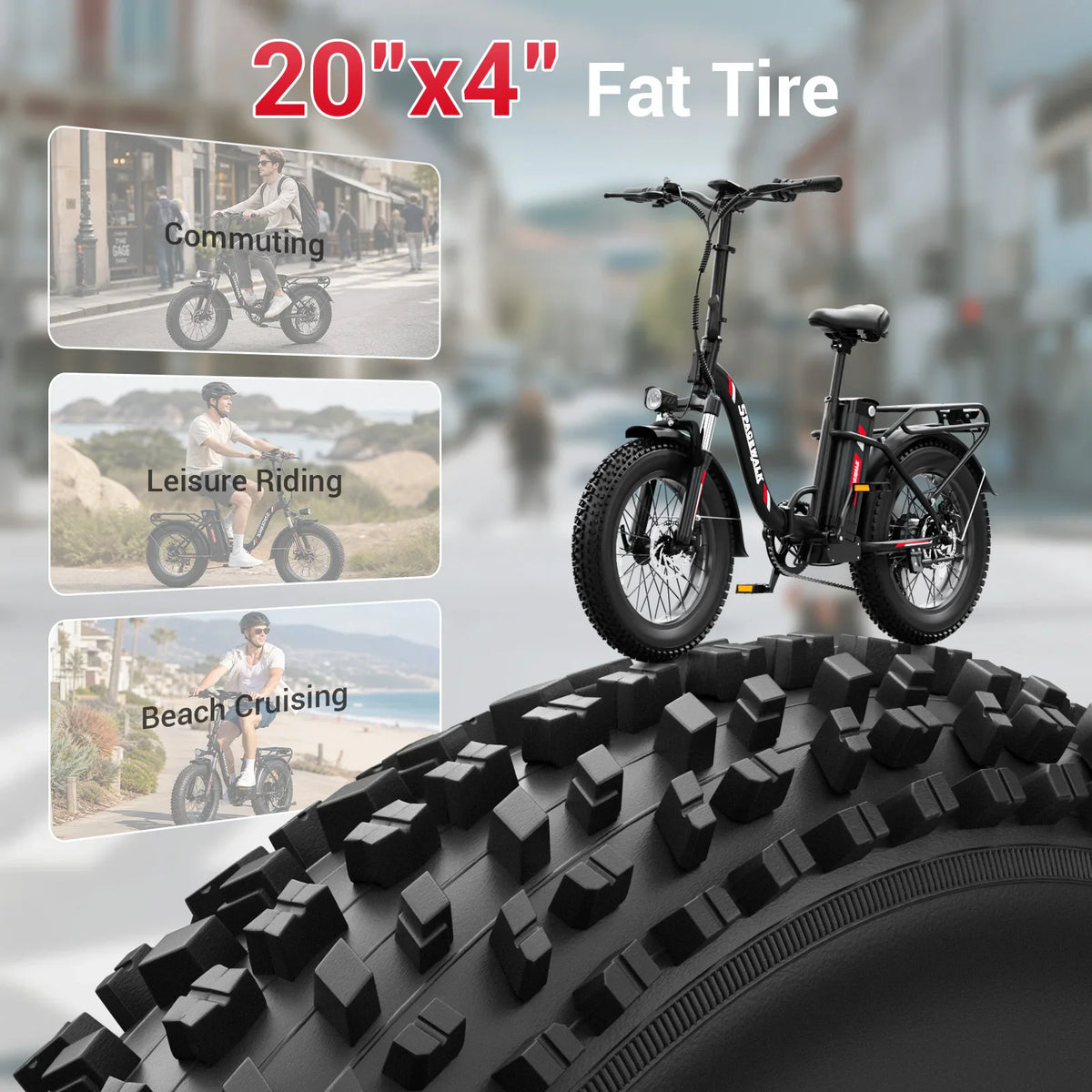 Black folding electric bike with 20-inch fat tires, showing examples of commuting, leisure and beach riding.