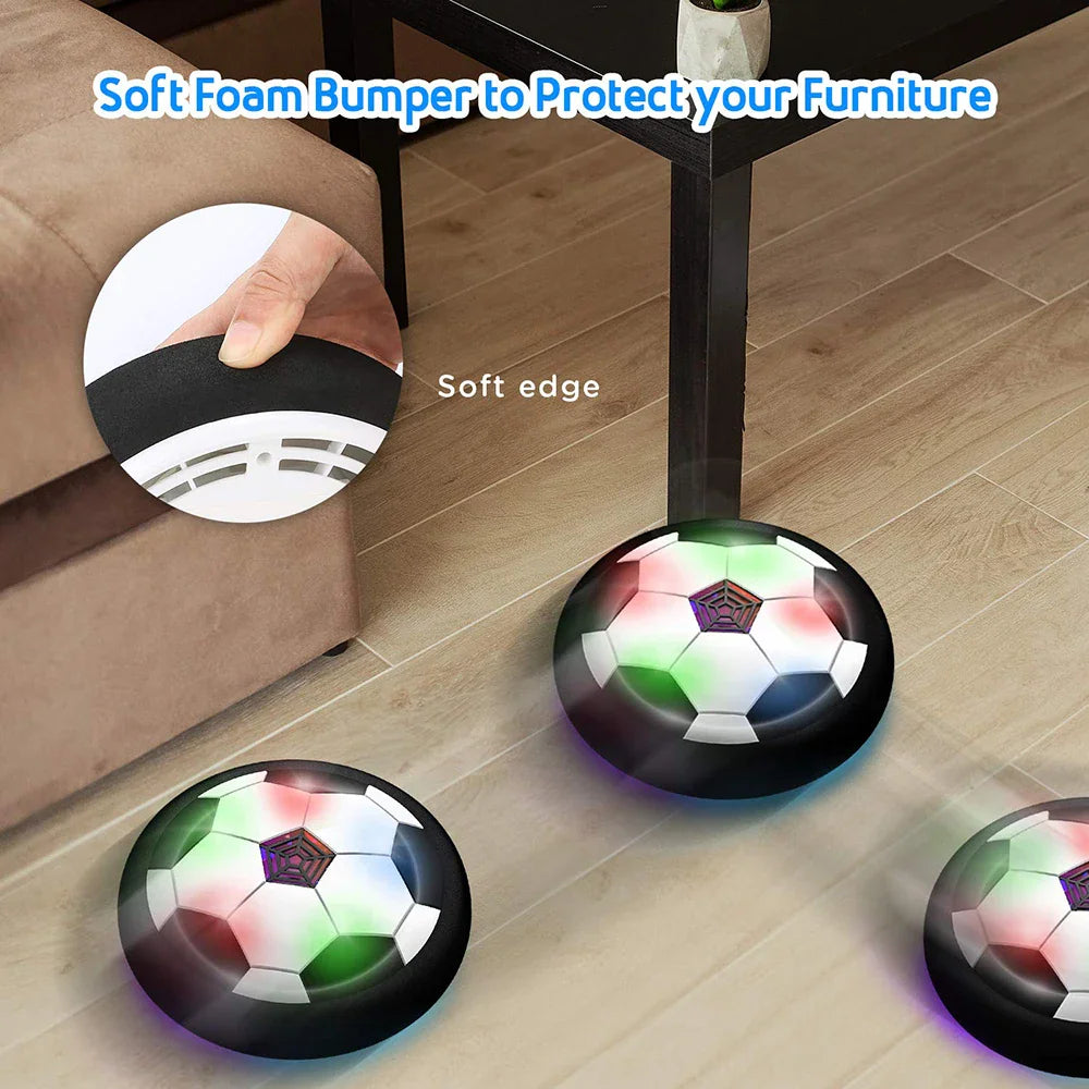 Hover soccer ball moving on floor with text highlighting soft foam bumper for furniture protection