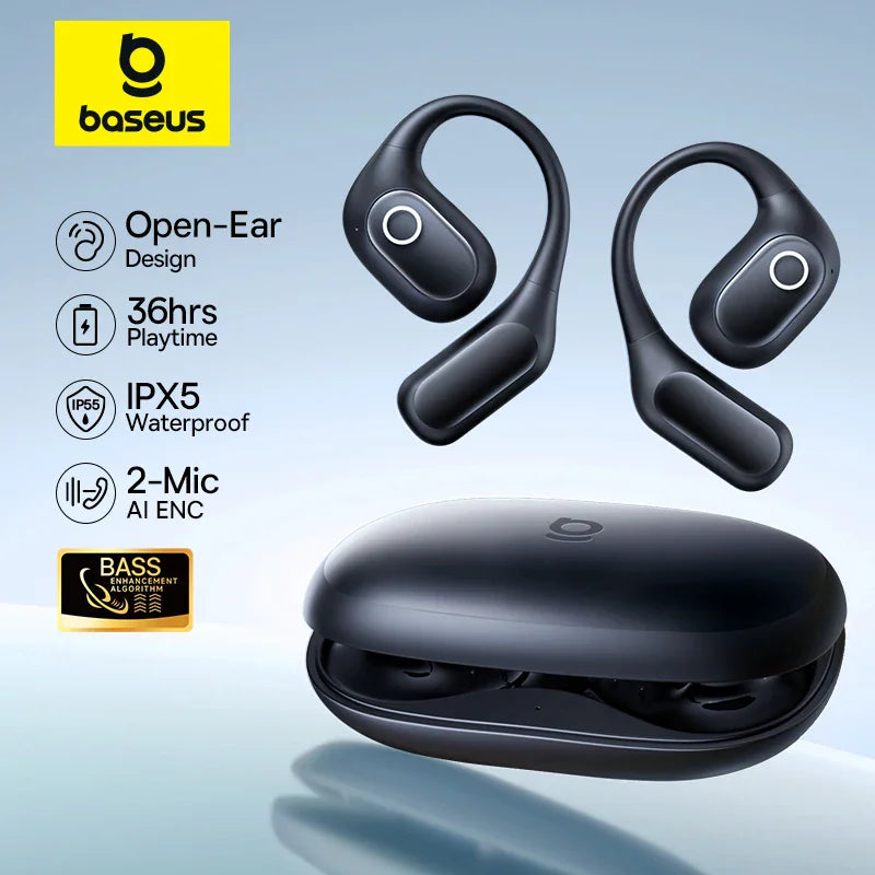 Black open-ear wireless earphones with charging case.