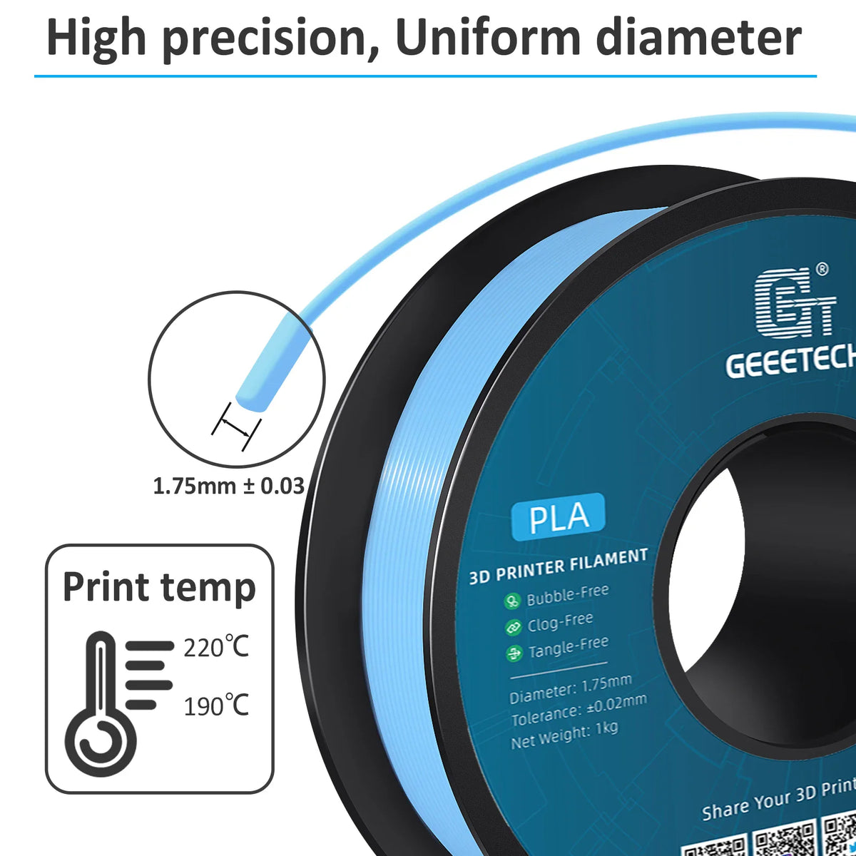 A 1kg spool of Geeetech 1.75mm PLA 3D printer filament in a solid plastic form. – view 3