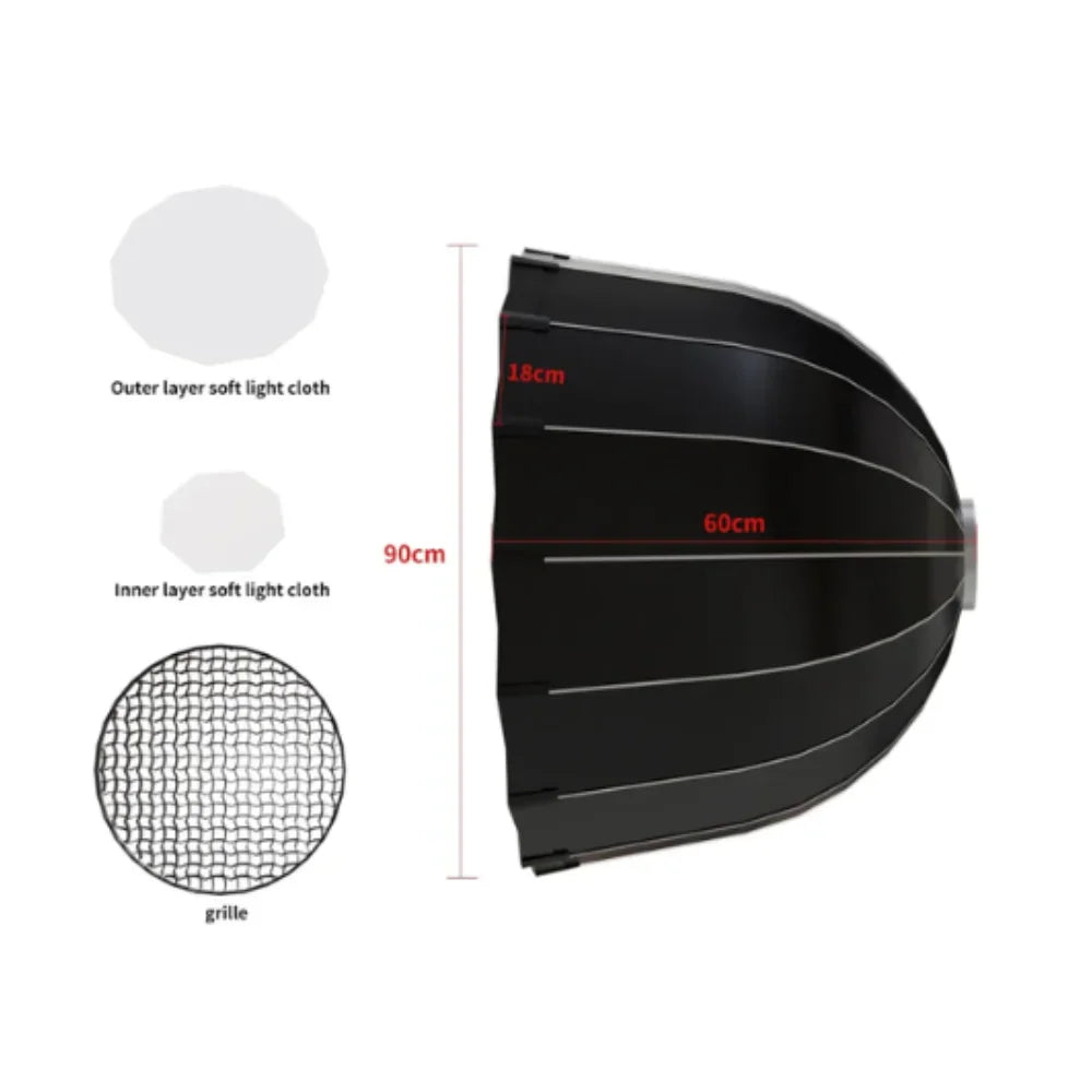Studio softbox components showing outer layer, inner layer and grid fabric with dimensions