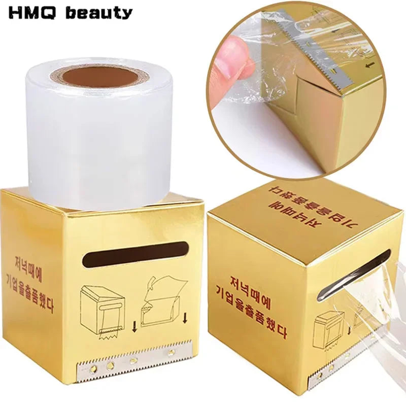 Transparent preservative film in a gold dispenser box for permanent makeup