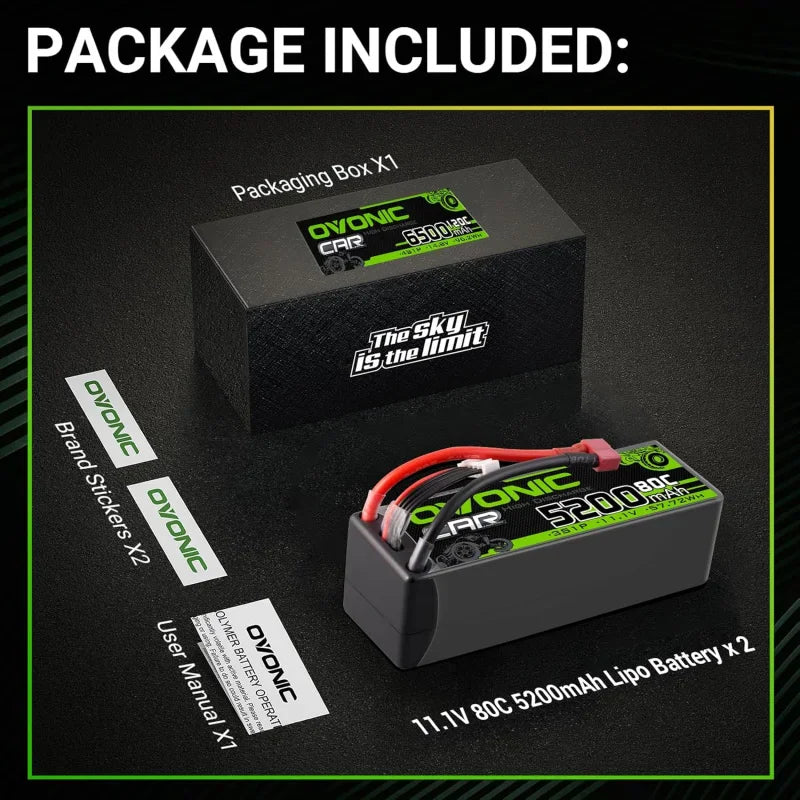 Package contents including two LiPo batteries, stickers, and a user manual