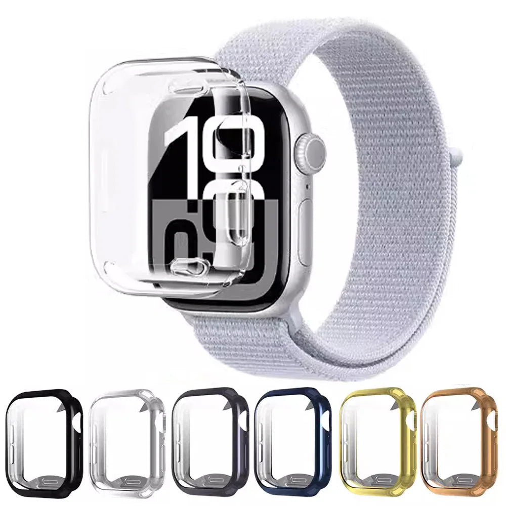 A variety of transparent and metallic protective bumper cases for smartwatches.