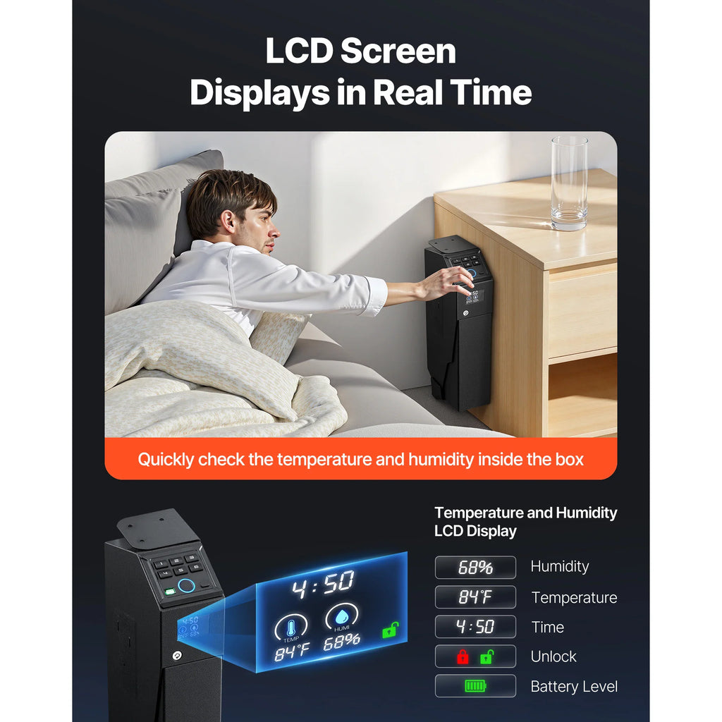 Handgun safe with bedside mounting displaying temperature, humidity, and time on an LCD screen