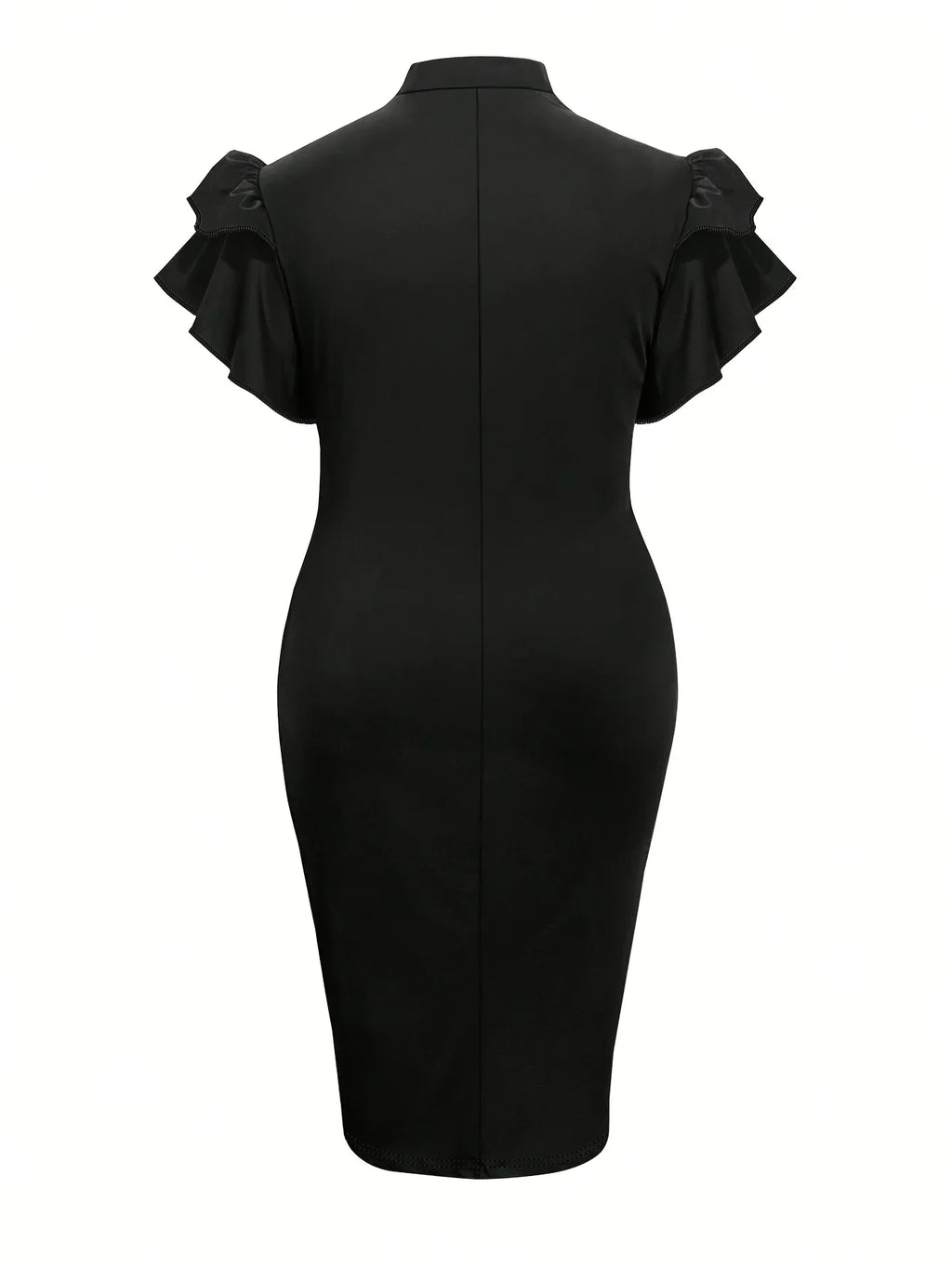 A black midi dress with flutter sleeves and a round neckline on a plain white background, back view.