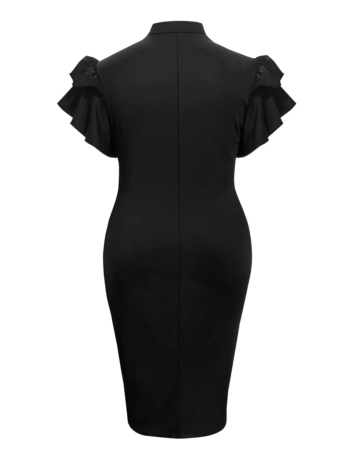 A black midi dress with flutter sleeves and a round neckline on a plain white background, back view.