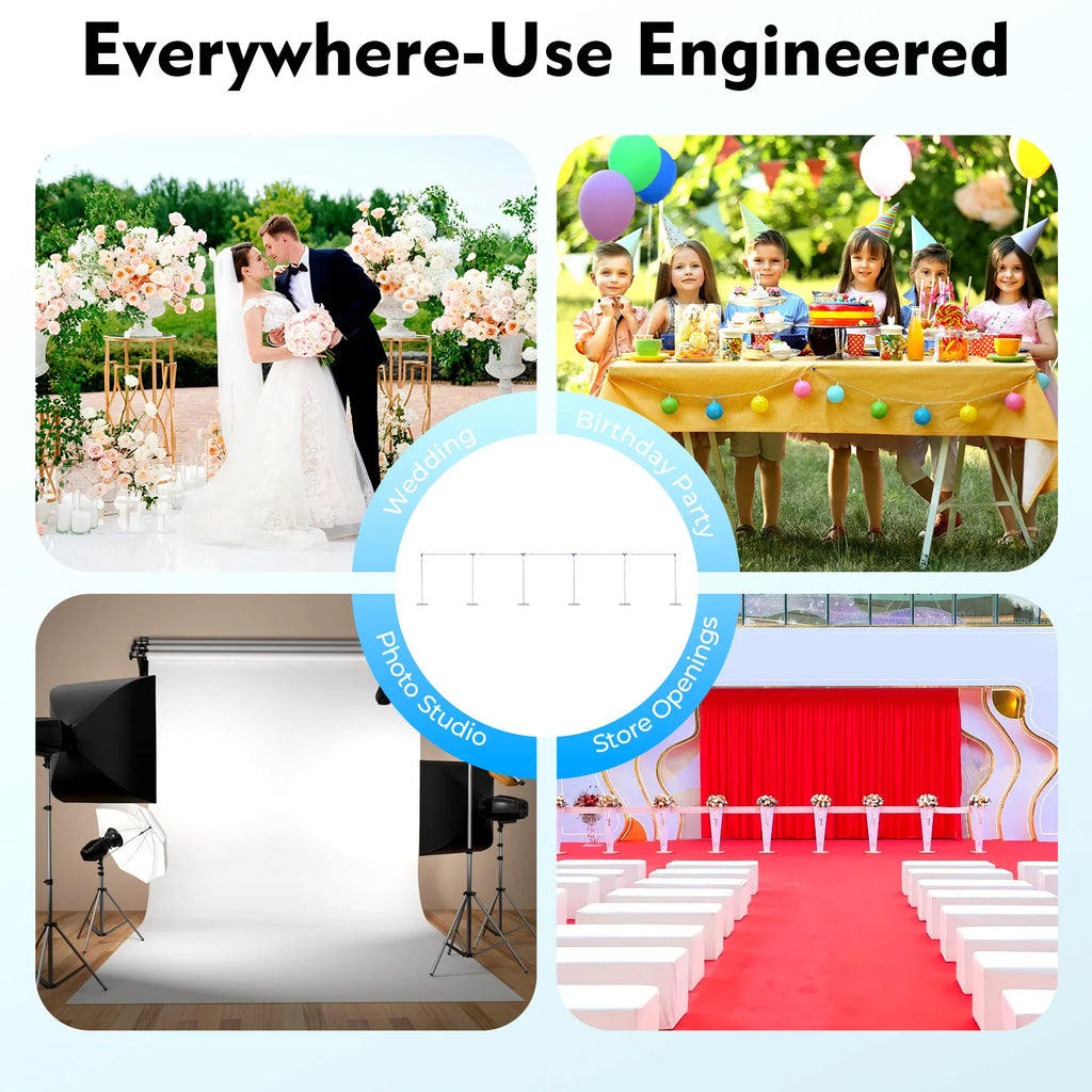 Multiple usage examples of a wedding arch stand at events