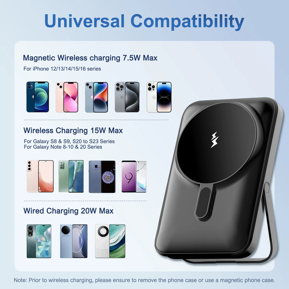 Black portable magnetic wireless power bank with list of compatible smartphone models