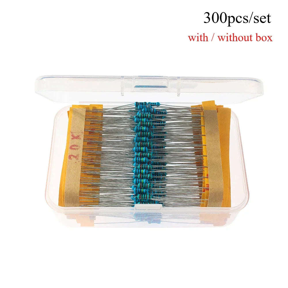 Metal film resistors organized in a transparent storage box