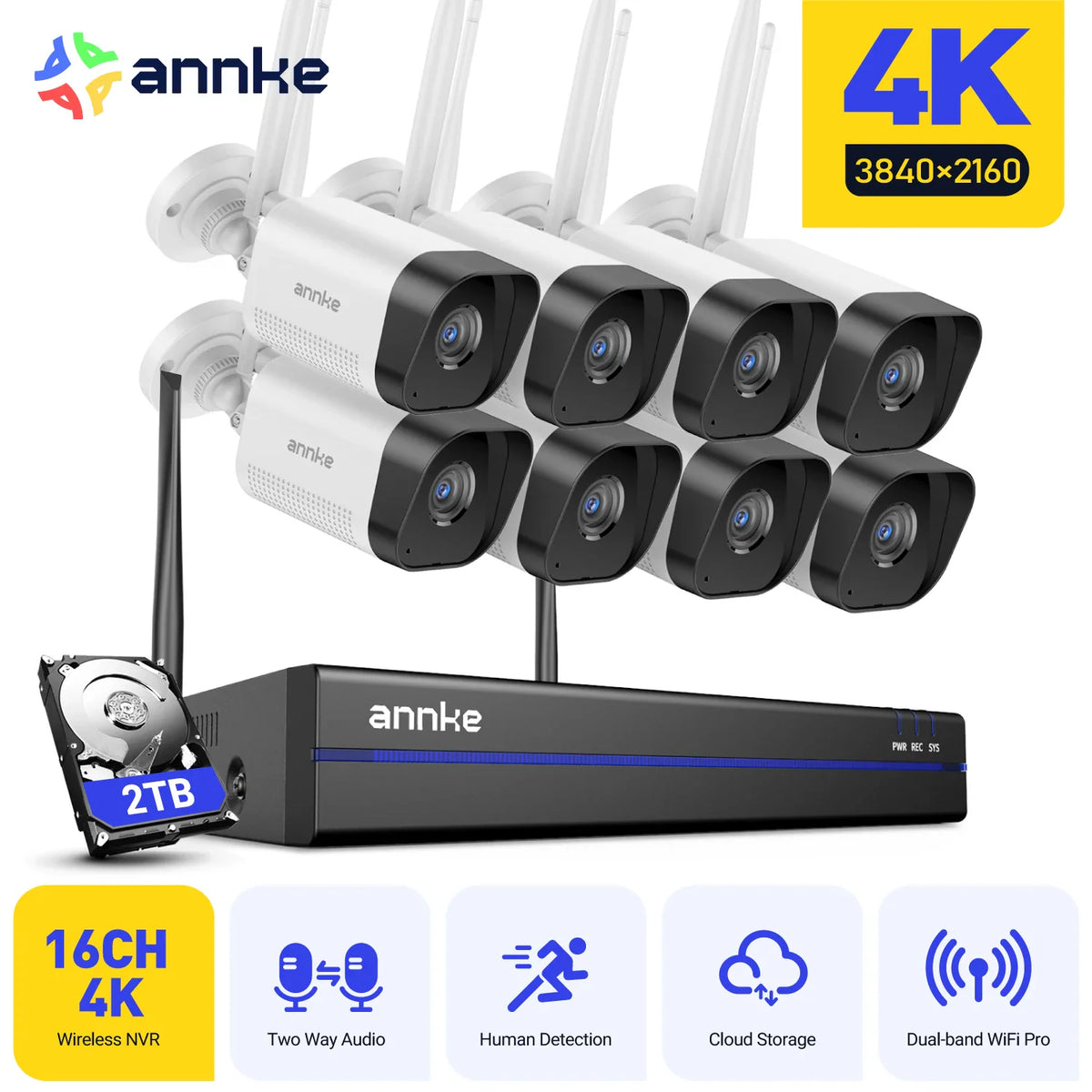 16-channel 4K wireless NVR security system with 8 bullet cameras, two antennas, and a 2TB hard drive.