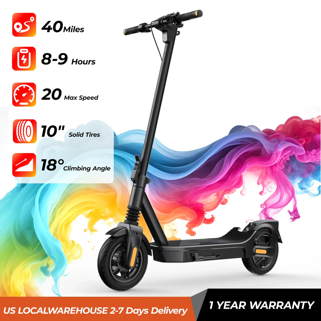 Black foldable electric scooter with 10 inch solid tires and technical specifications overlaid