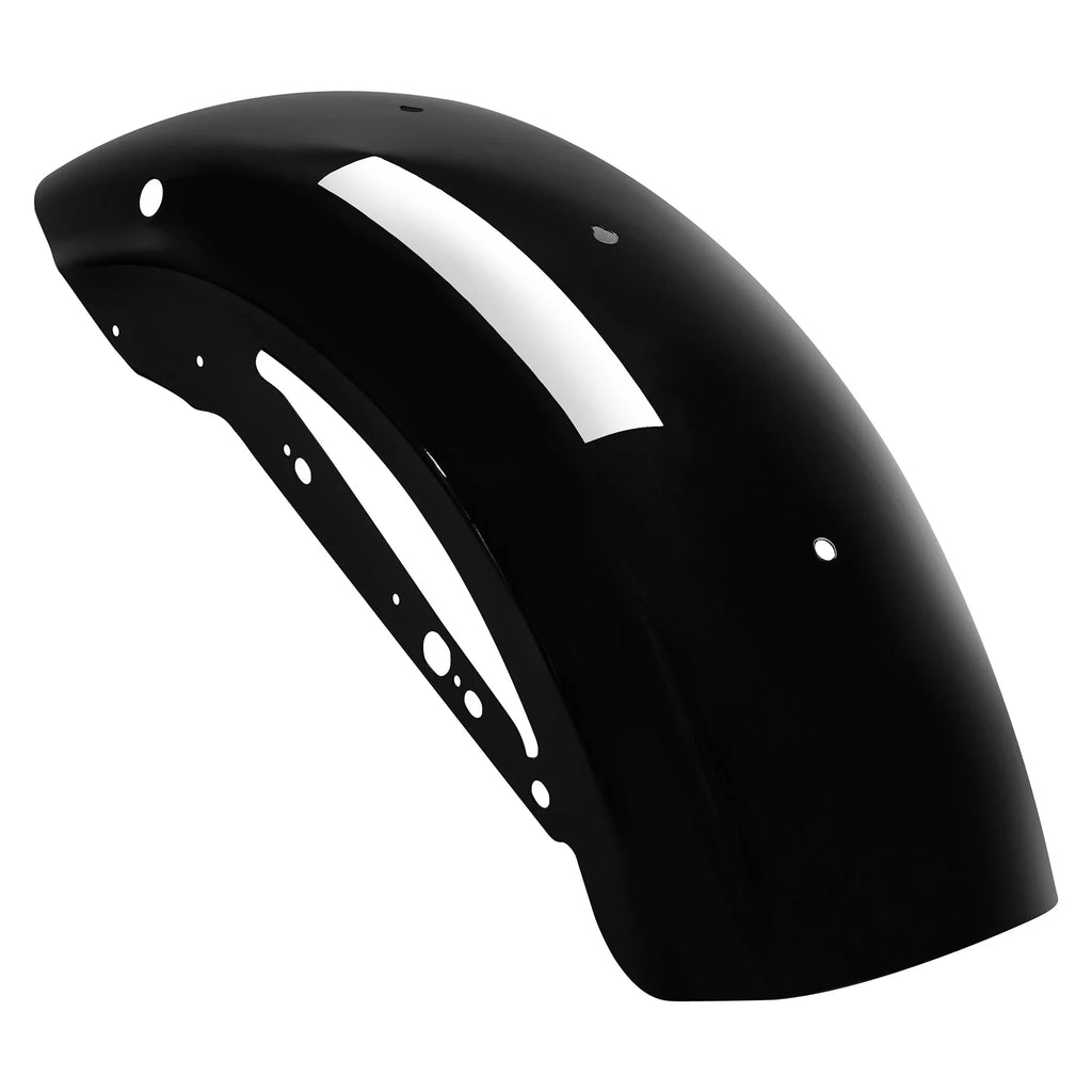 Angled view of a glossy black steel rear motorcycle fender