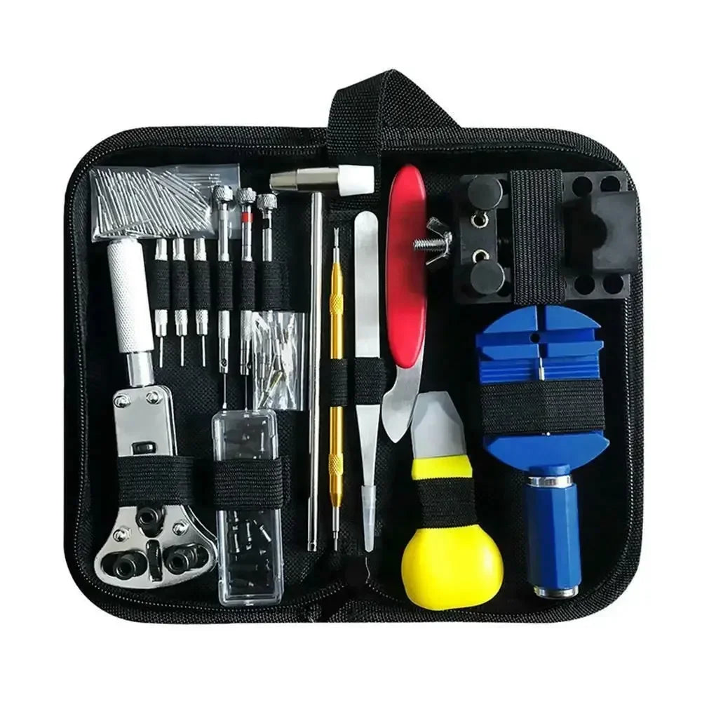 A comprehensive watch repair toolkit set in a black zippered storage case