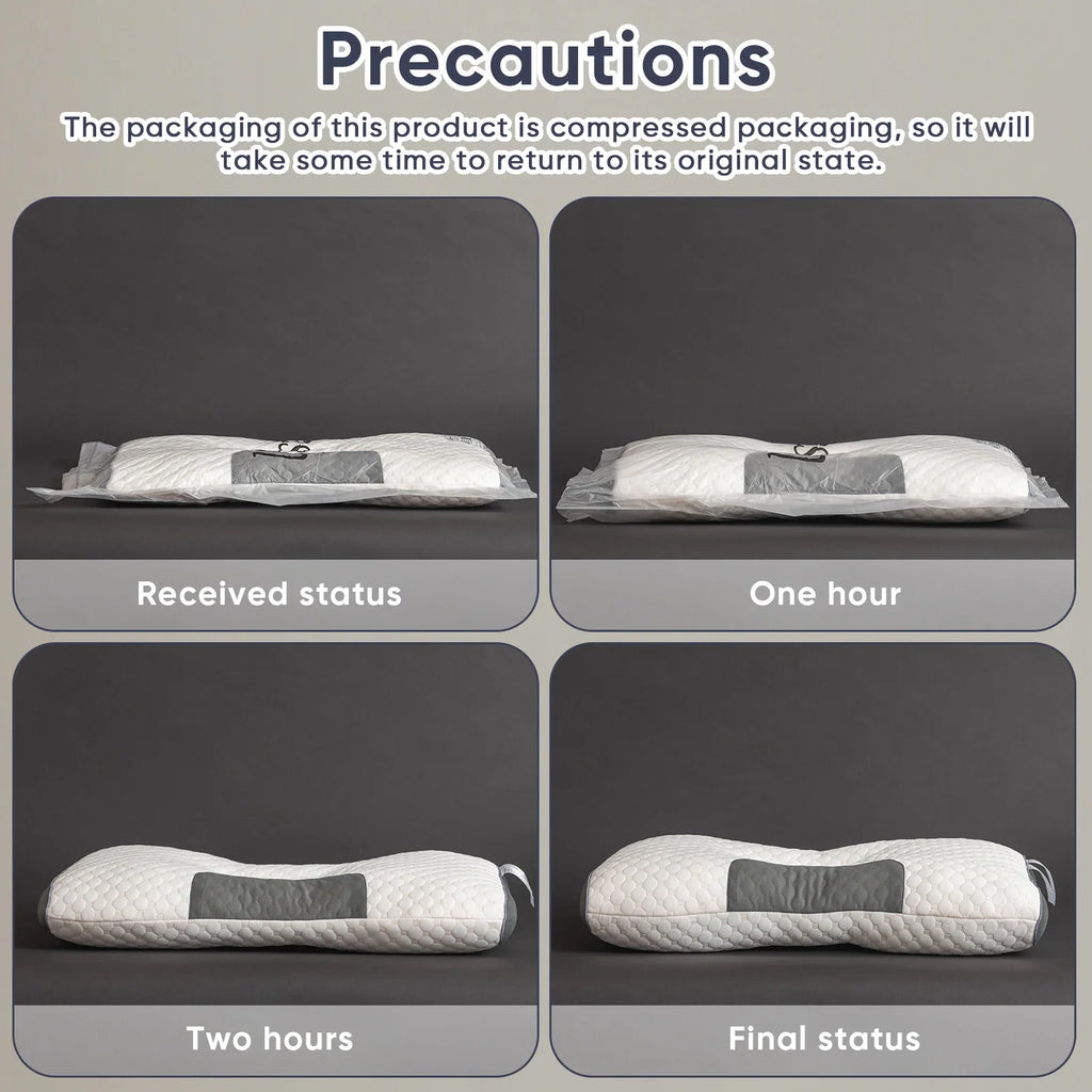 Four-part collage showing the expansion of a compressed pillow over time
