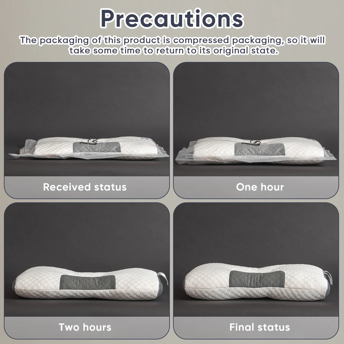 Four-part collage showing the expansion of a compressed pillow over time