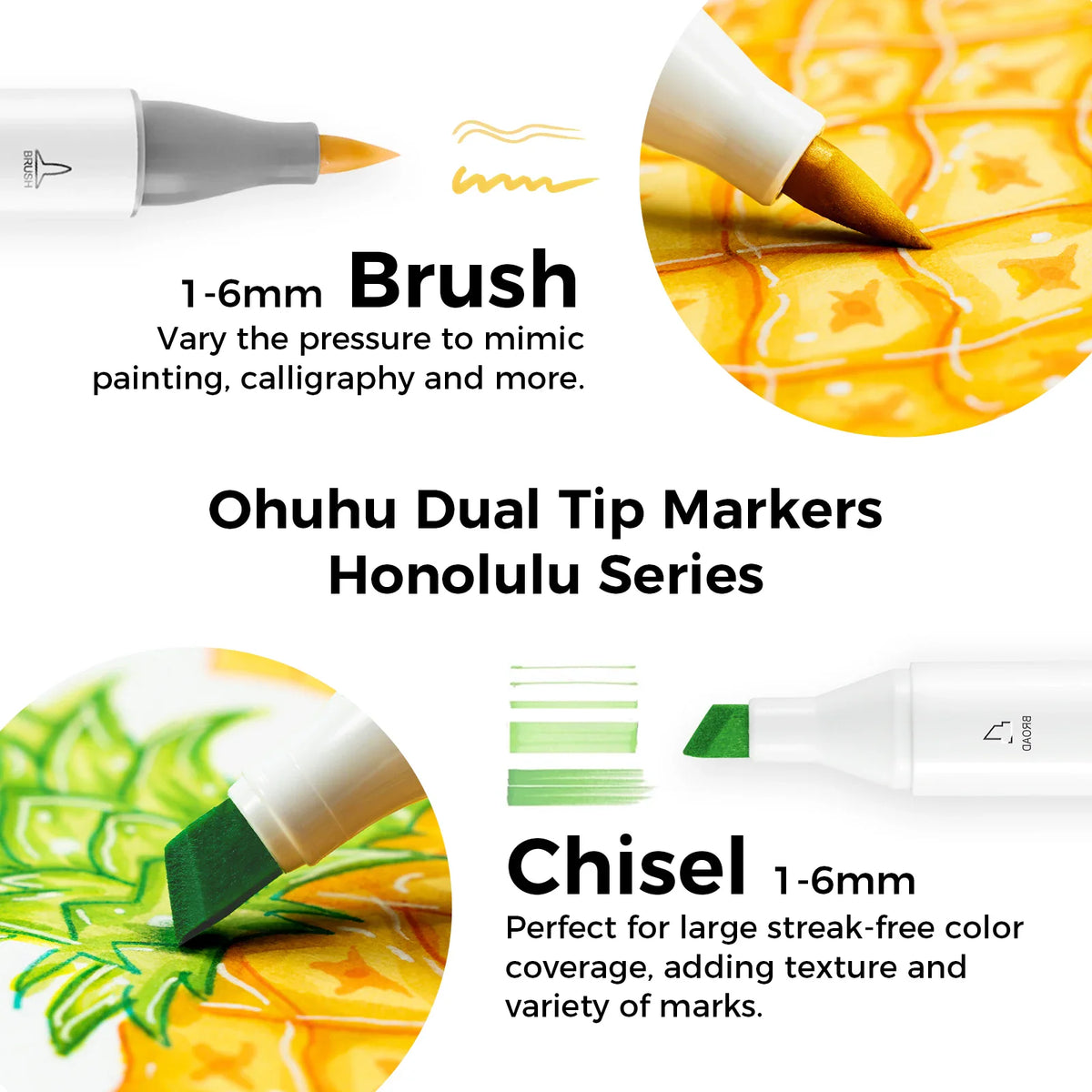 Diagram demonstrating brush and chisel marker tips with illustrations of a pineapple