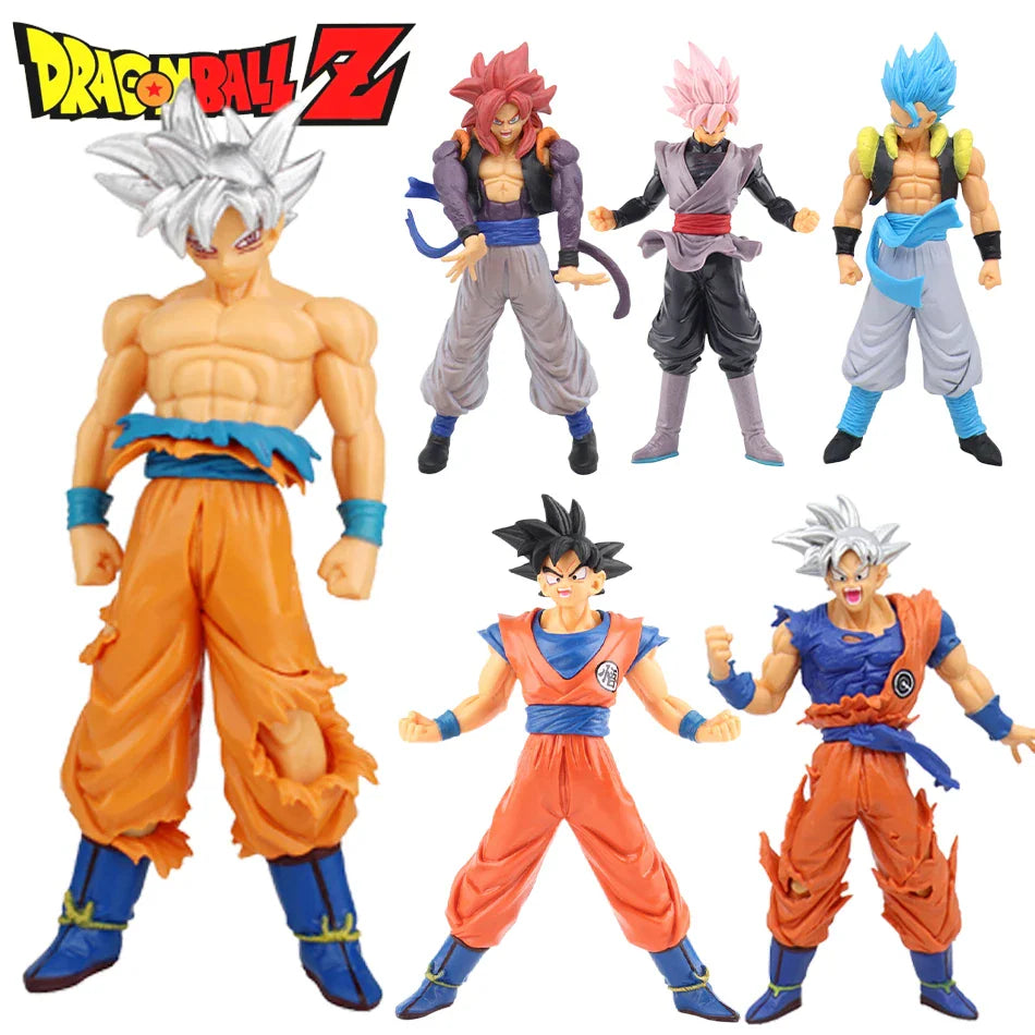 A collection of Dragon Ball Z anime action figures including various Goku forms.