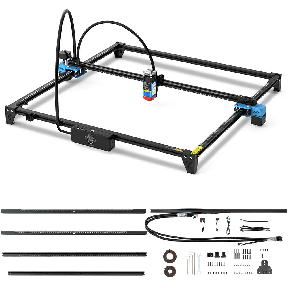 Laser engraving machine frame with laser head and various assembly parts and tools