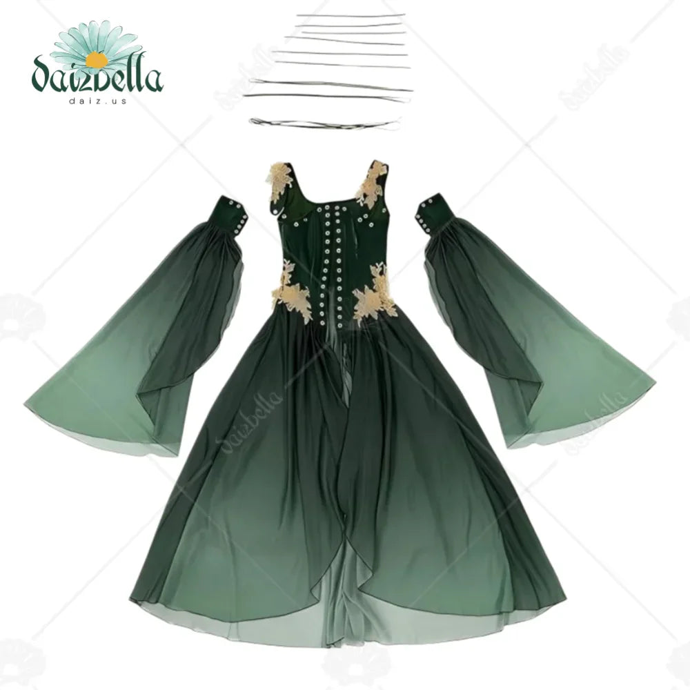 Flat lay of green renaissance dress parts including corset bodice and sleeves