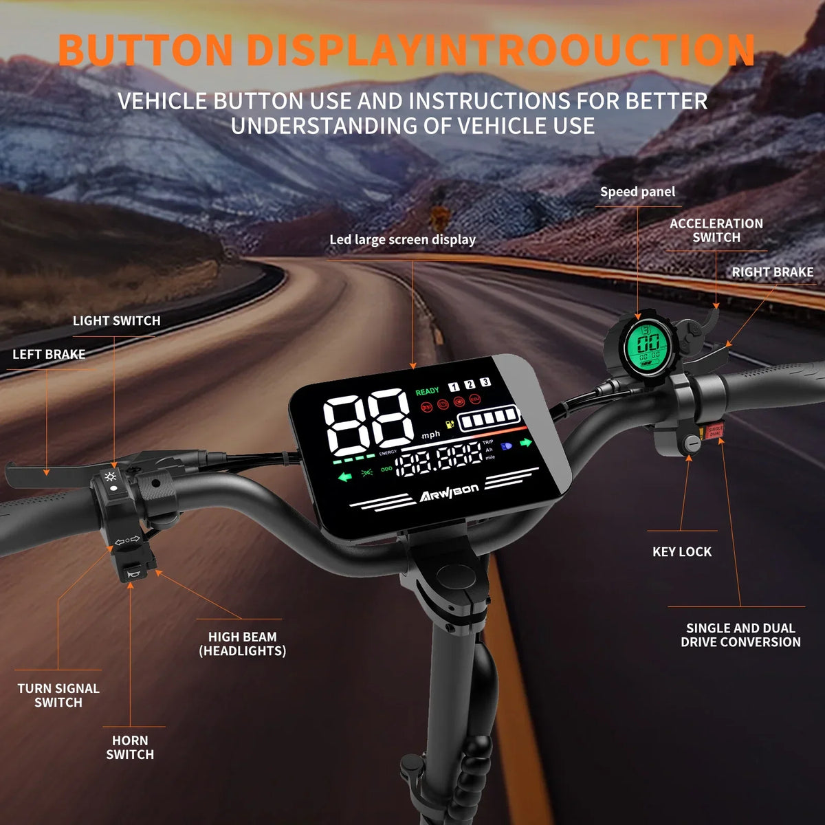 Electric scooter handlebars and digital display with labeled buttons and switch functions