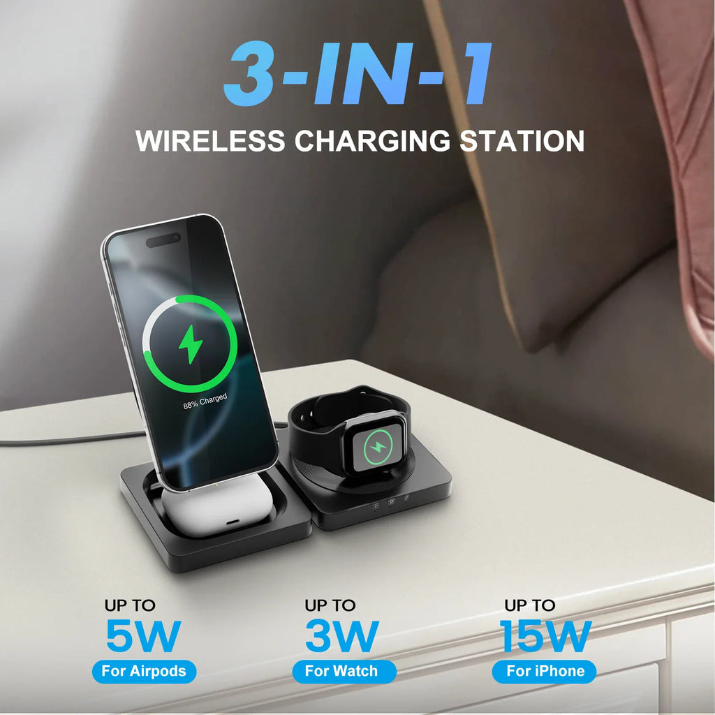 3-in-1 wireless charging station showing power output for phone, watch and earbuds