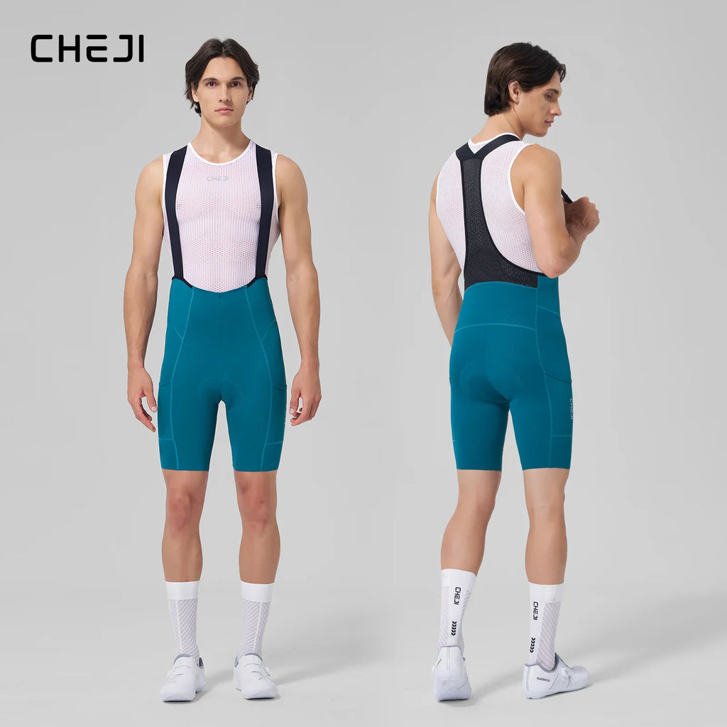 A man wearing teal cycling bib shorts over a white mesh cycling jersey, front and back view.