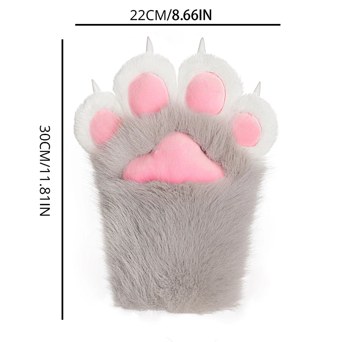 Gray and white plush furry animal paw glove showing dimensions