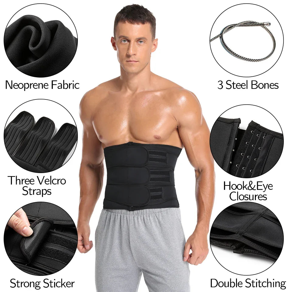 Detailed features of a black neoprene waist trainer for men
