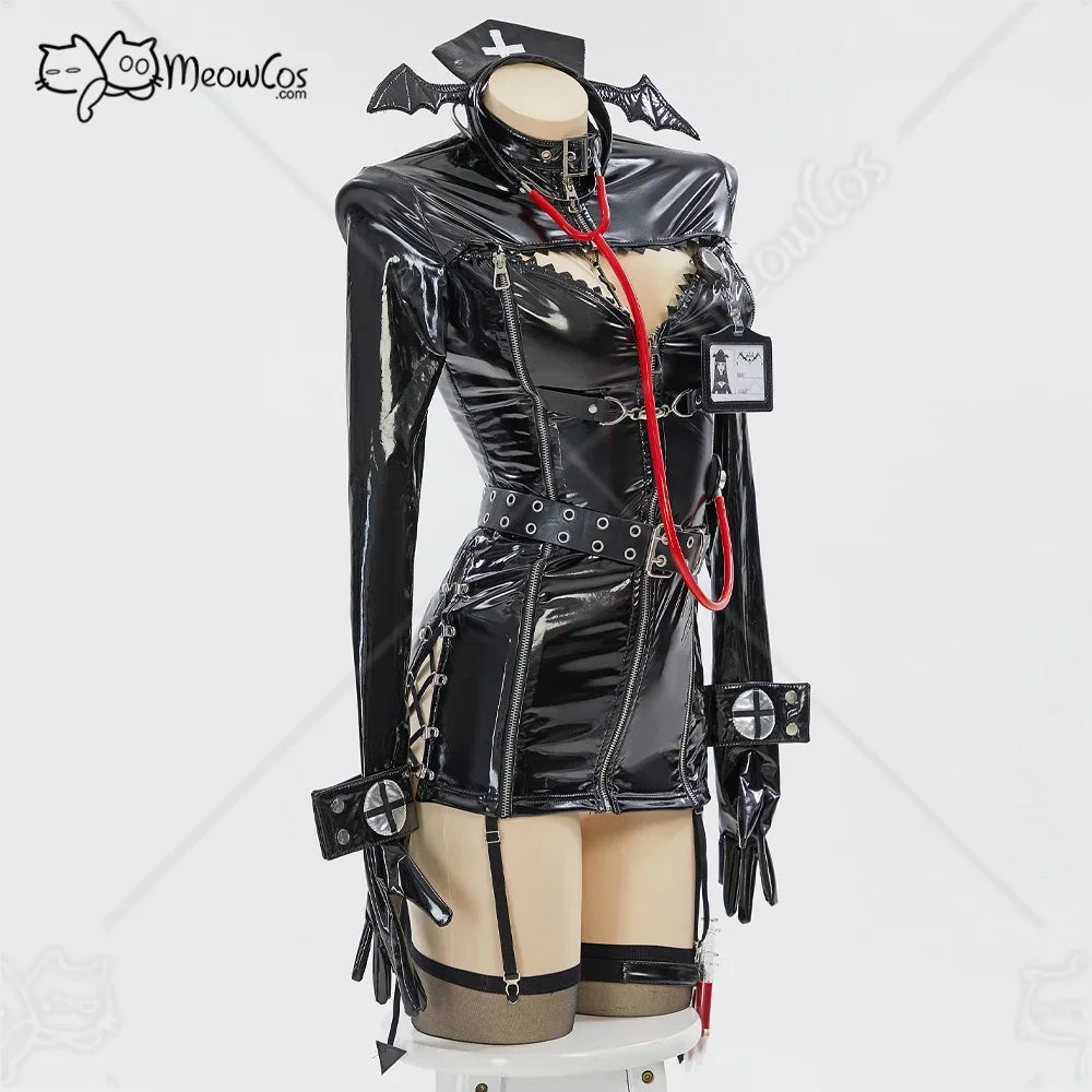 Side view of a black vinyl nurse cosplay dress on a mannequin