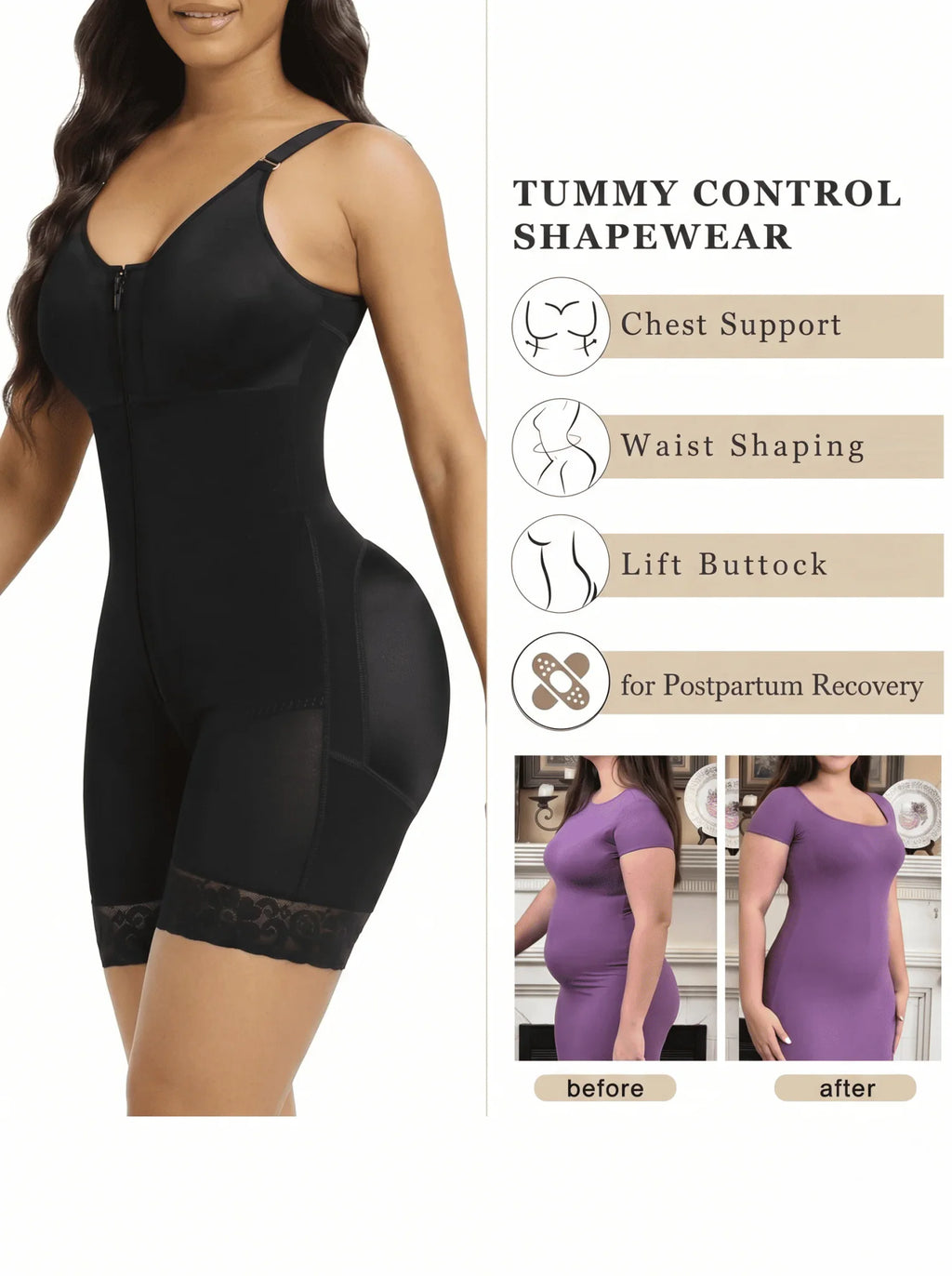 Black full body shaper bodysuit showing tummy control, chest support and before and after result