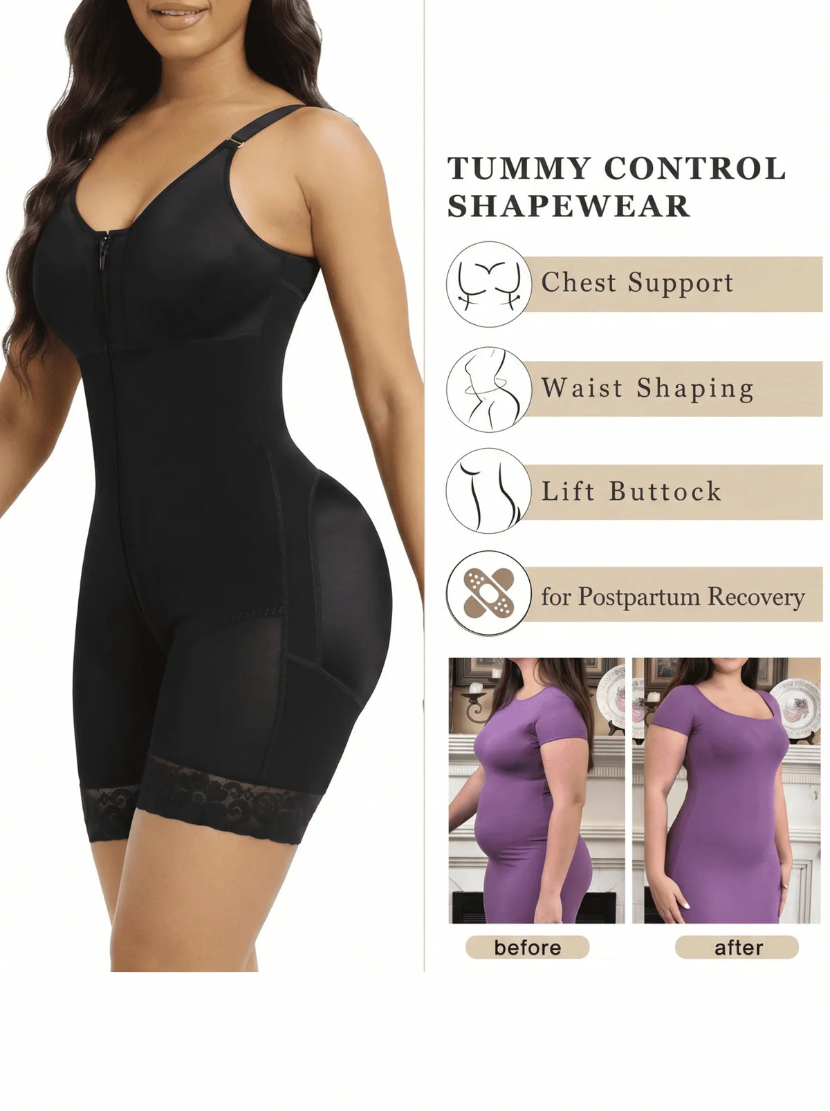 Black full body shaper bodysuit showing tummy control, chest support and before and after result