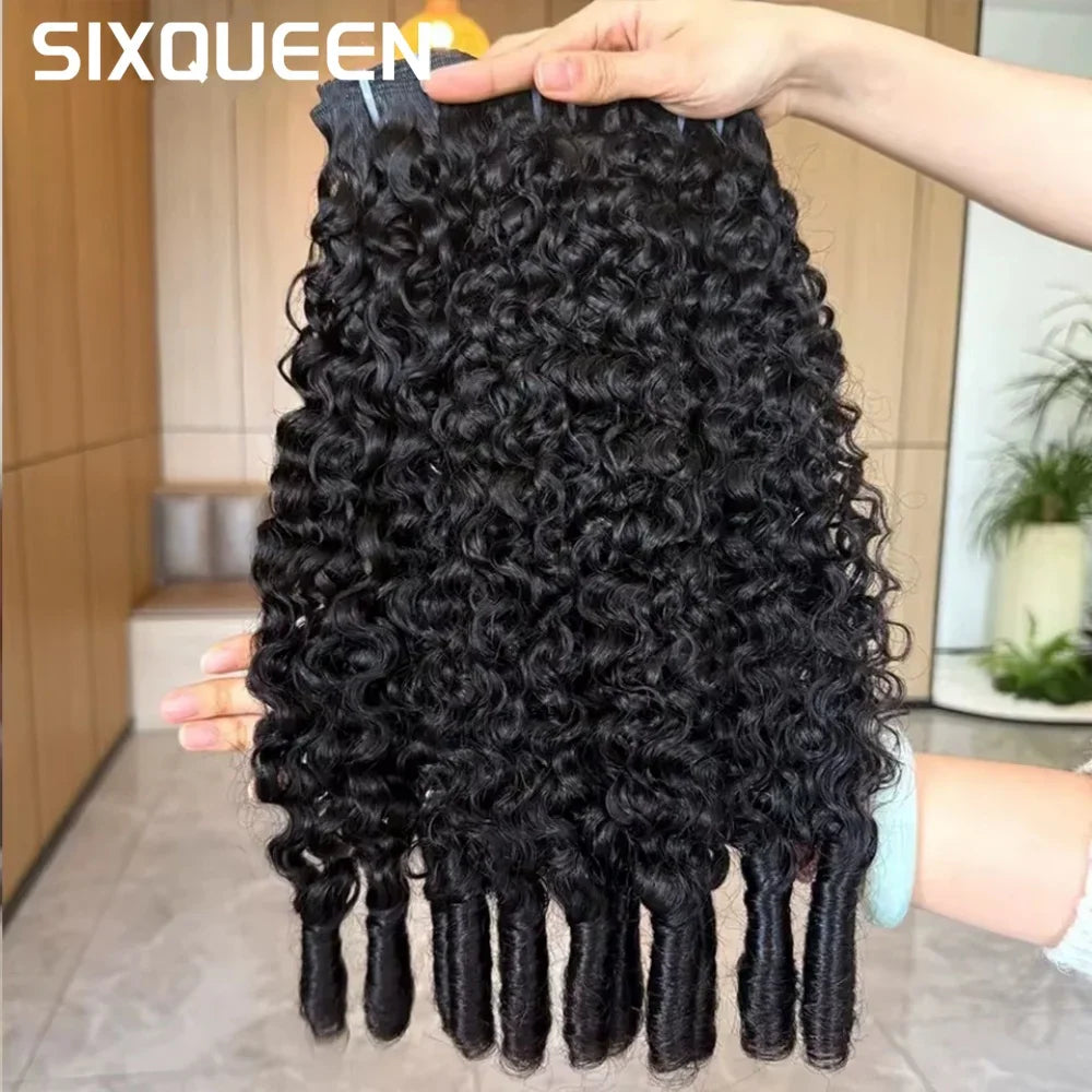 Hand holding a bundle of black deep curly hair extensions