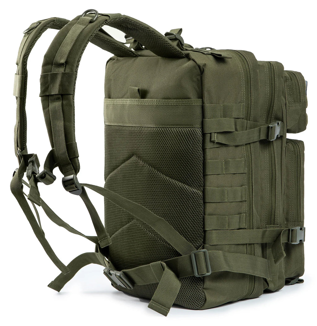 Green tactical backpack showing back panel with padded mesh straps