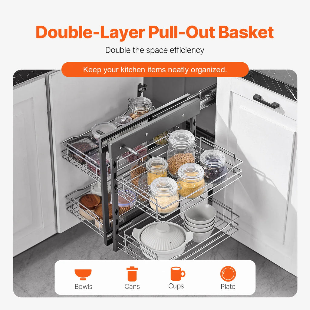 Pull-out kitchen corner shelf unit showing organized bowls, cans, cups, and plates