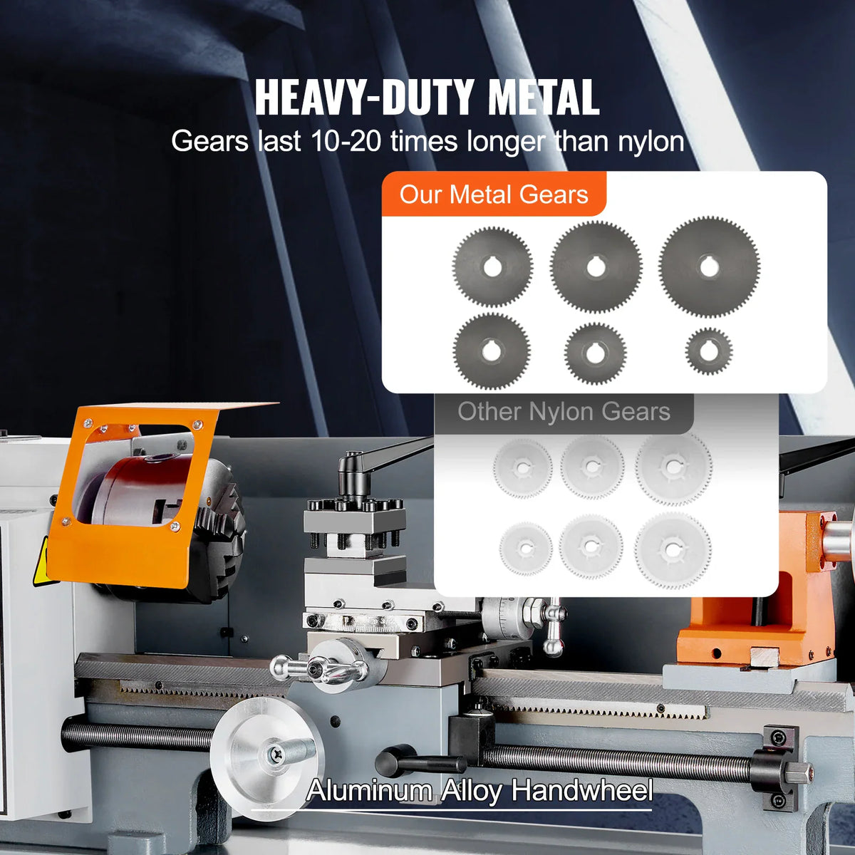 Metal lathe machine highlighting durable metal gears versus nylon gears