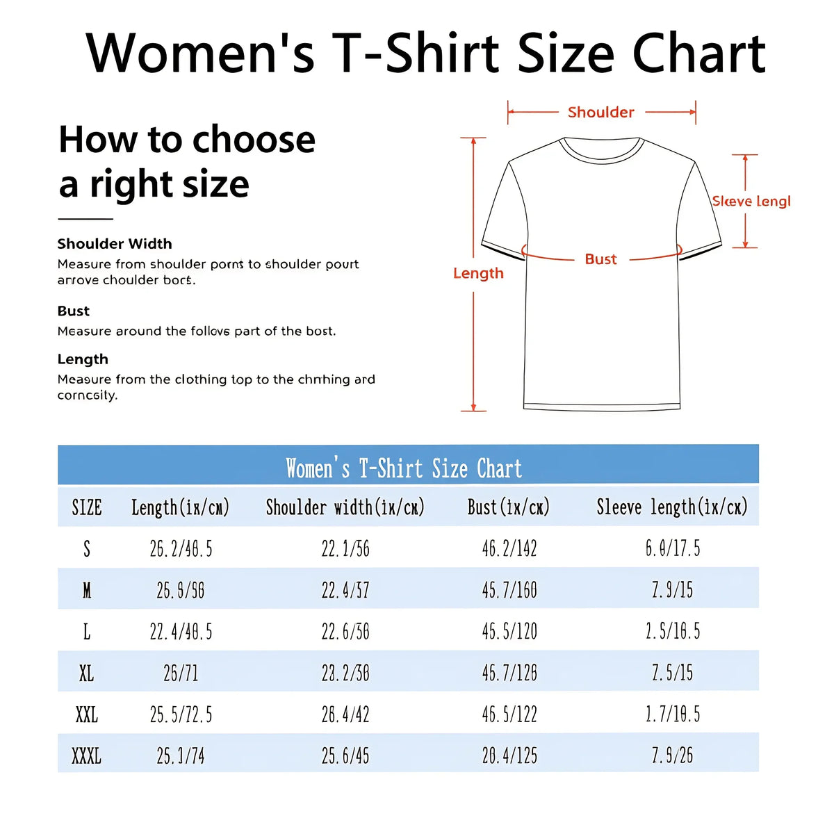 Women's t-shirt size chart with measurements for different sizes
