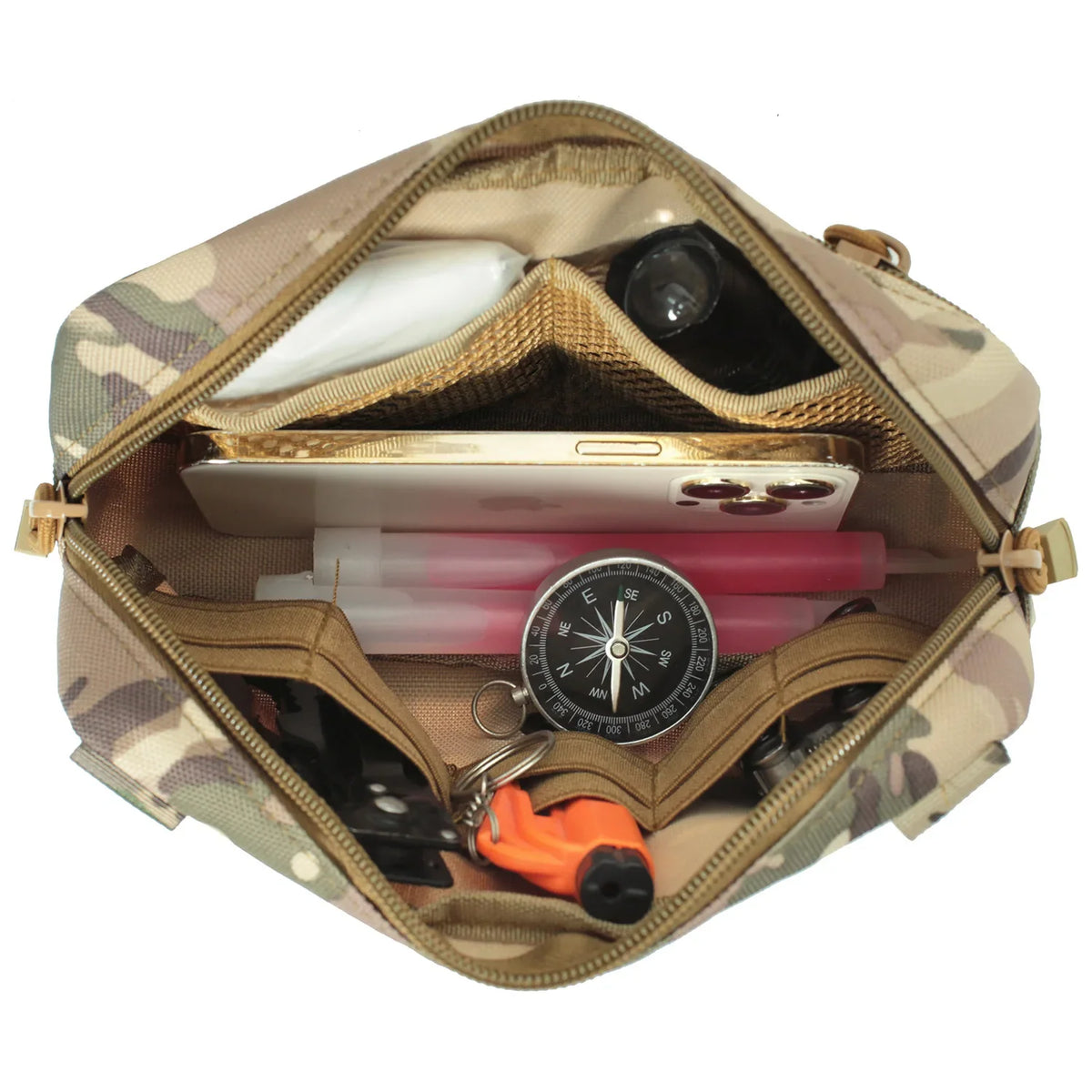 Interior view of an open camouflage tactical pouch packed with various outdoor gear.