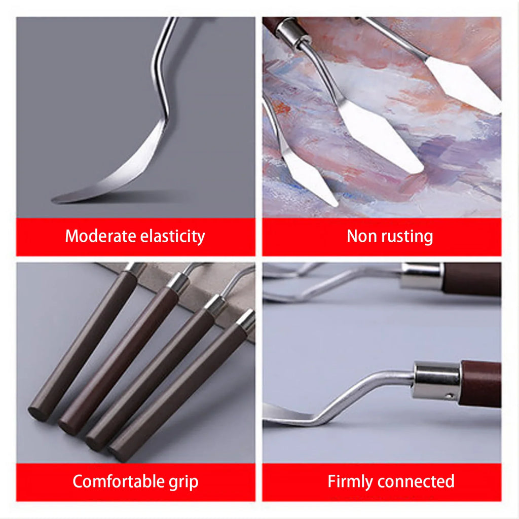 Four detail views of artist palette knives highlighting their features and construction