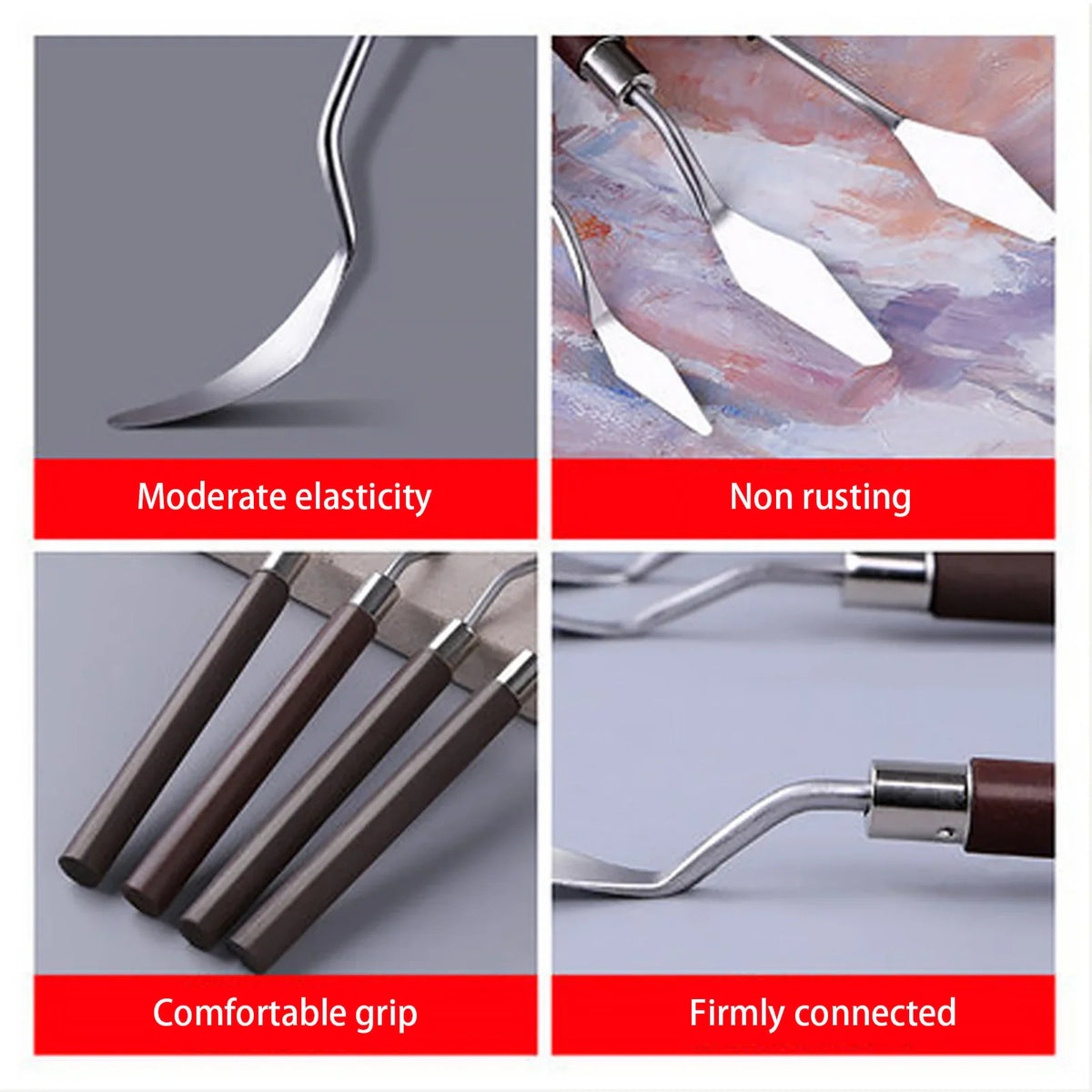Four detail views of artist palette knives highlighting their features and construction