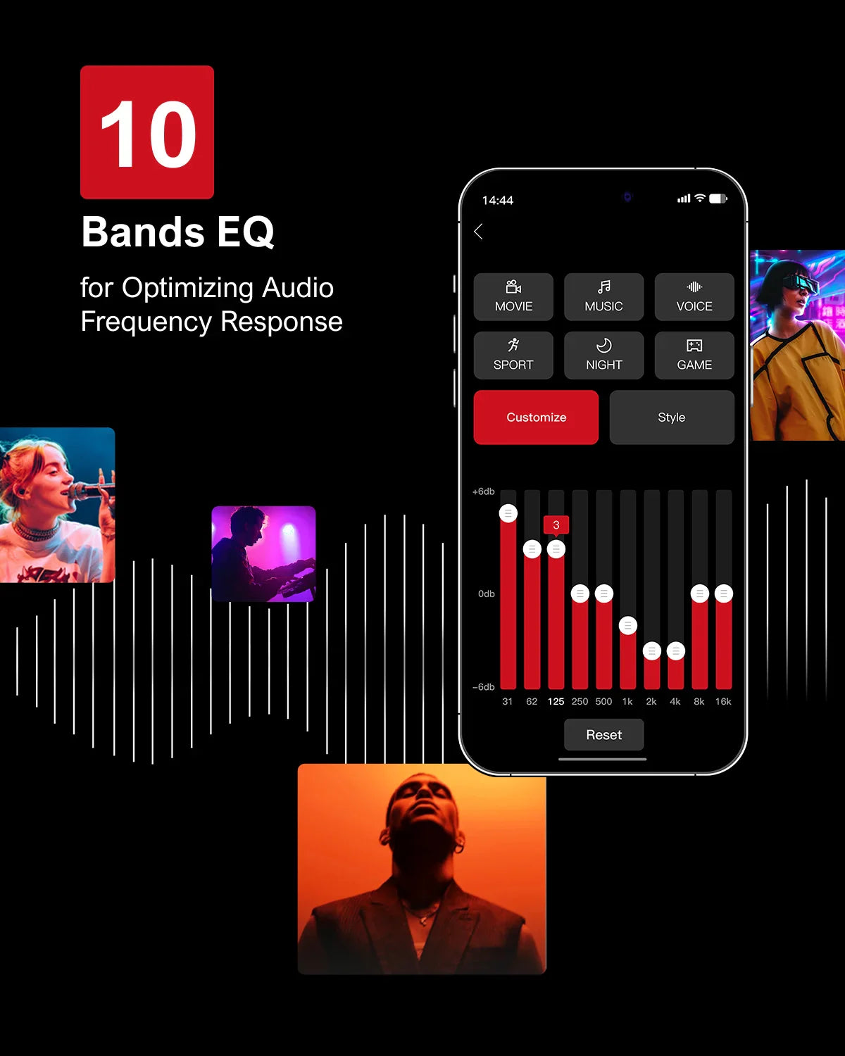 Mobile app interface showing 10-band equalizer settings for audio frequency optimization