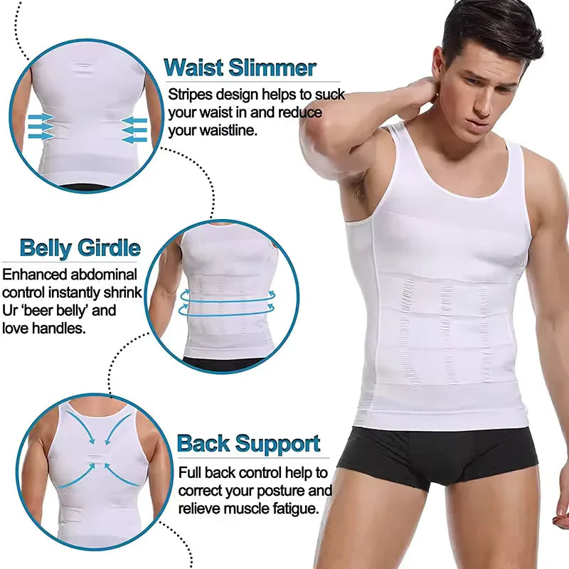 White compression vest highlighting waist slimming, belly control and back support functions
