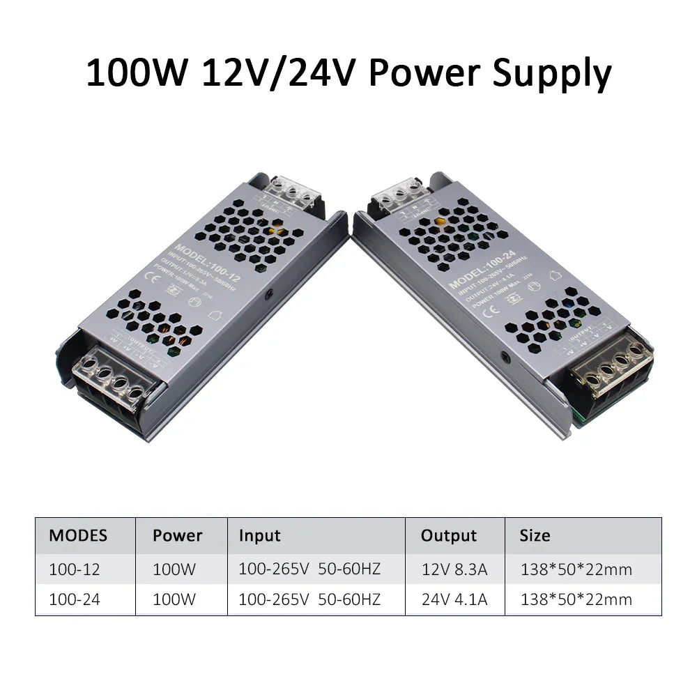 100W 12V and 24V slim metal power supplies with technical specifications table