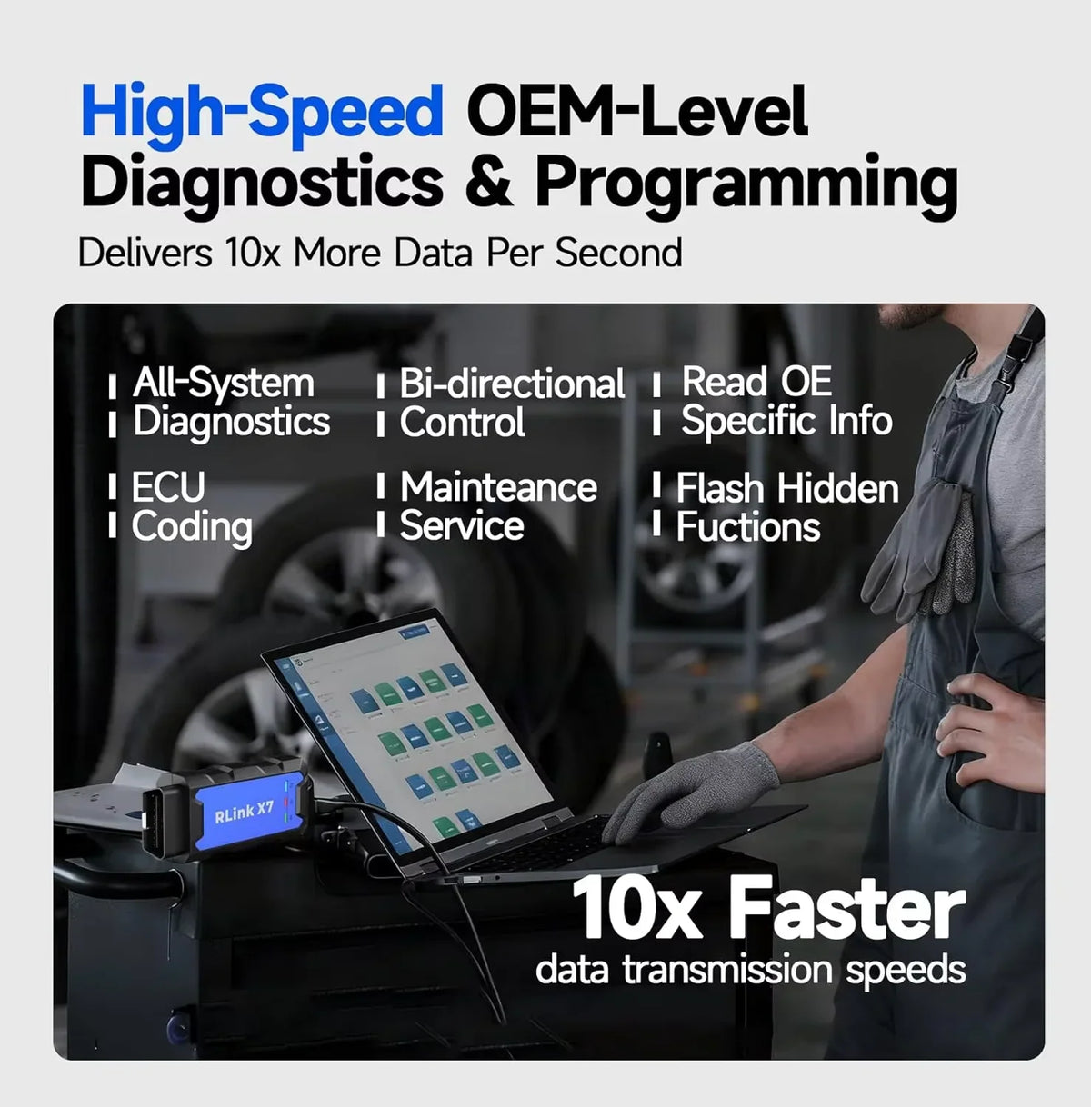 A diagnostic tool connected to a laptop showing technical features and capabilities for vehicle programming.