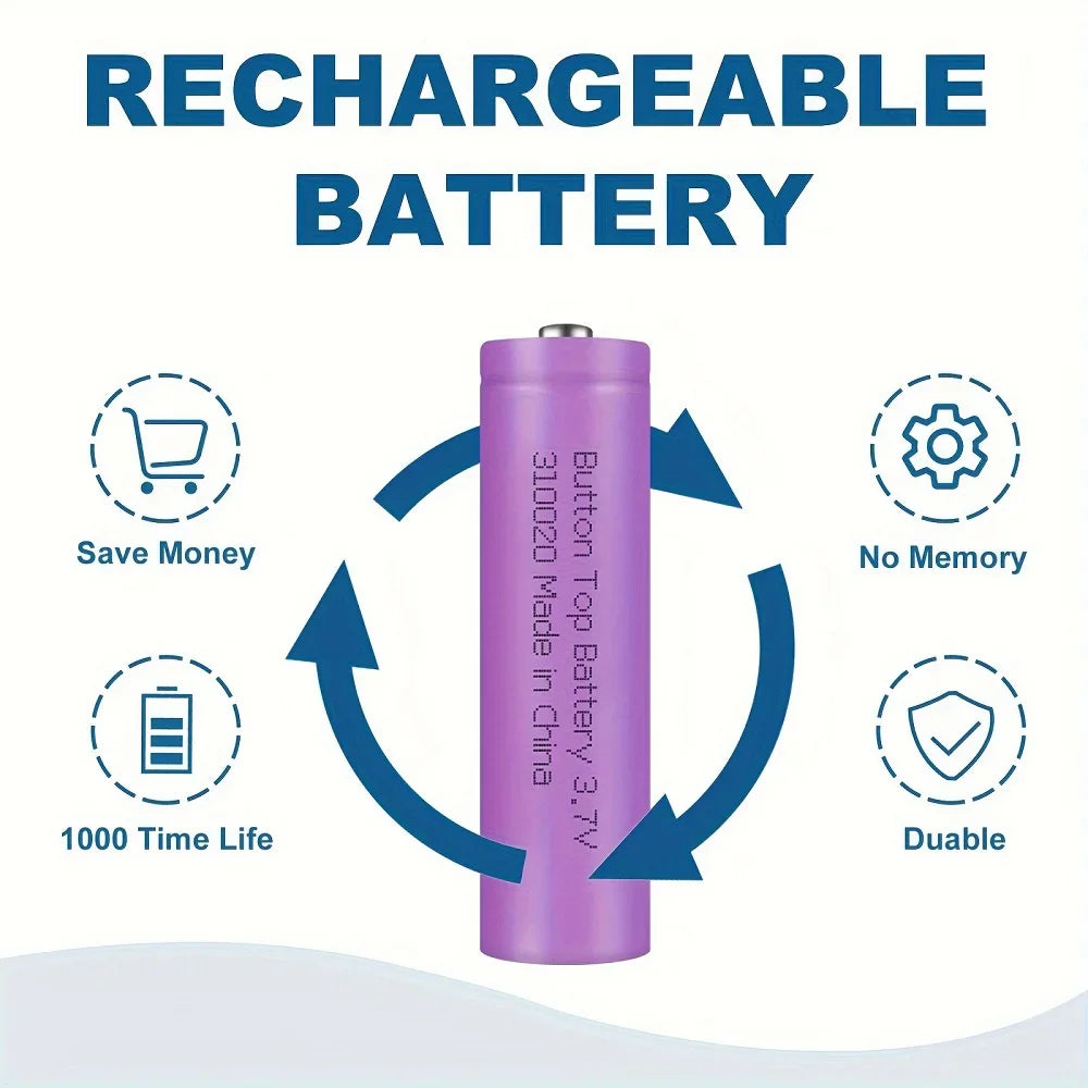 A purple rechargeable button top battery centered with feature icons in a circle.